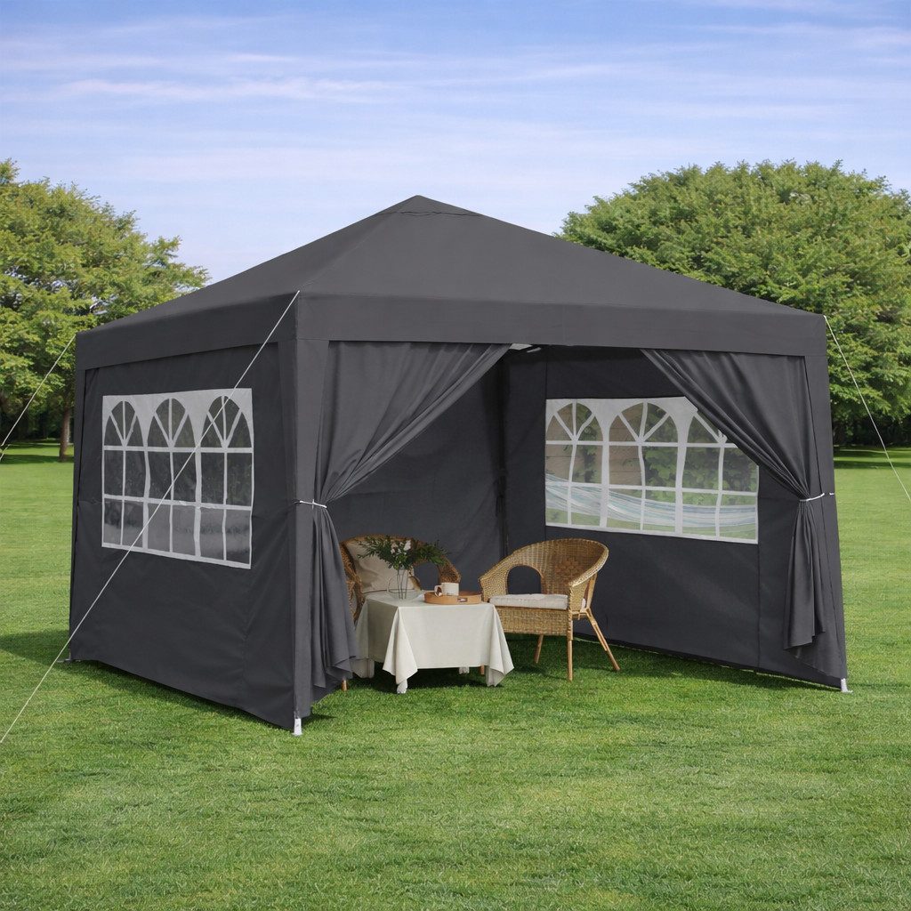 CHICFURN Pavillon Faltpavillon mit 4 Seitenwänden und 4 Sandsäcken, wasserdicht, mit 4 Seitenteilen, (Packung), UV-Schutz 50+, faltbar, Stahlrahmen, 3 x 3 m, Schwarz