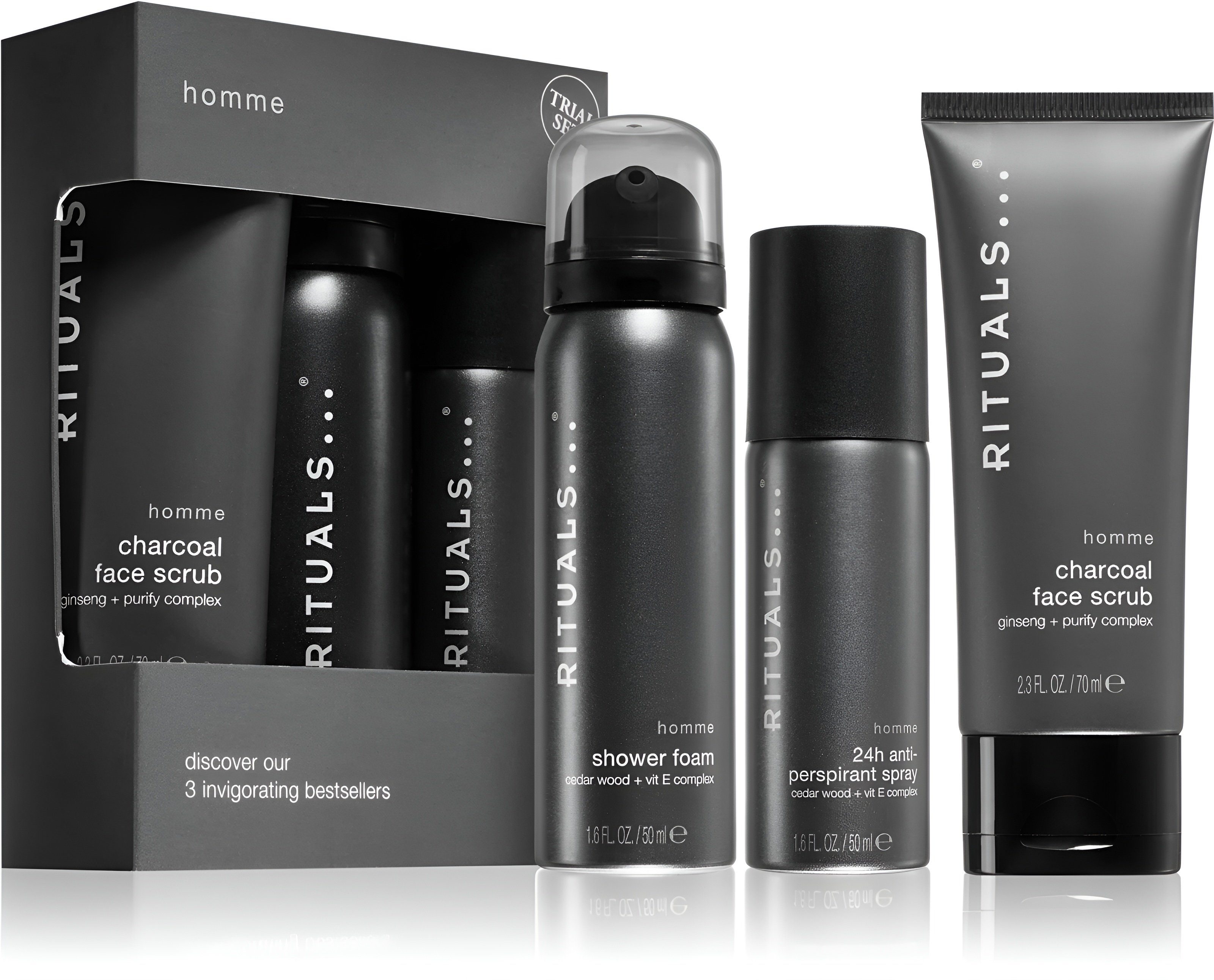 Rituals Pflege-Geschenkset Homme Collektion The Ritual of Homme für Männer Try Me 3 tlg. Kohle-Gesichtspeeling Nachhaltige Verpackung Hautpflege Umweltfreundlich Maskuliner Duft Hauttypen Reinigung Erfrischung Pflegeprodukte 3-Schritte-Routine Kosmetikset Spray Duft Parfum Set, 3-tlg., Duschschaum Antitranspirant Spray Duft Parfum Hautpflege