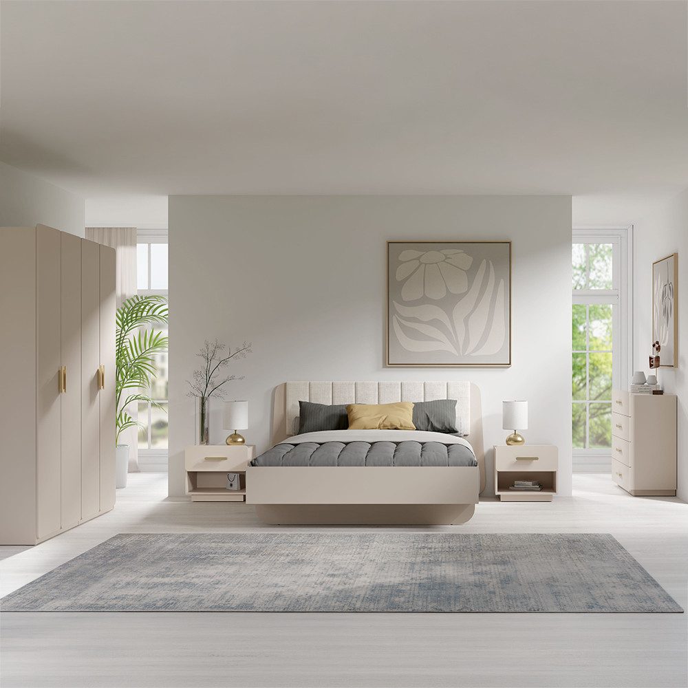 Lomadox Schlafzimmer-Set LOUSADA-166, (Spar-Set, 5-tlg., Bettgestell Kleiderschrank Kommode Nachttische), in beige, 160x200cm Liegefläche, Kopfteilpolster