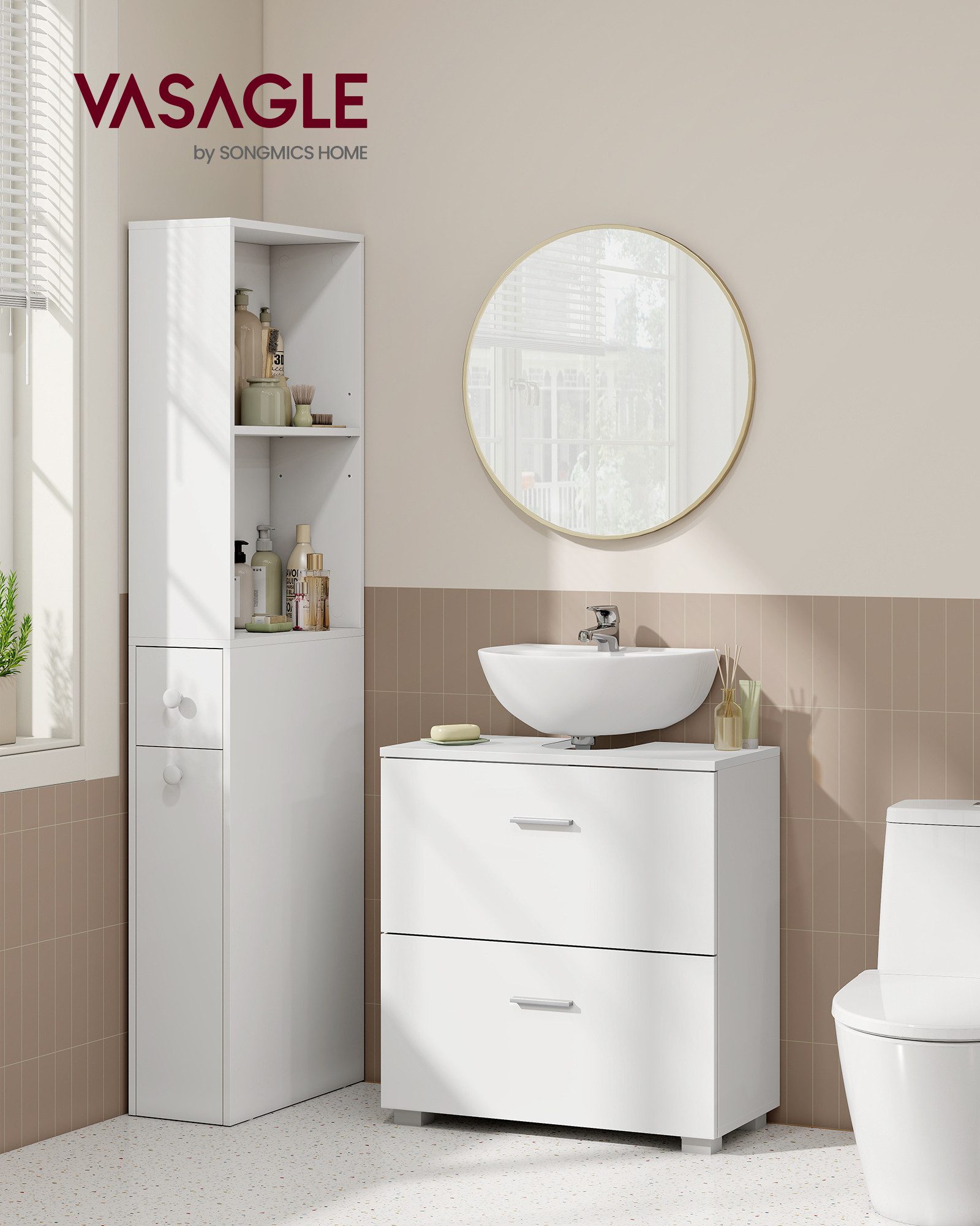 VASAGLE Waschbeckenunterschrank mit 2 großen Schubladen, Badezimmerschrank, hohe Füße, 30 x 60 x 63,8