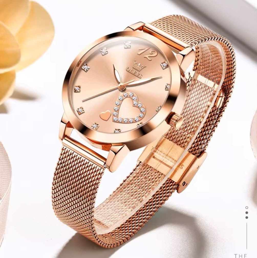 OLEVS Quarzuhr Damenuhr Olevs Roségold mit Herz-Diamant – Glamouröse Schmuckuhr