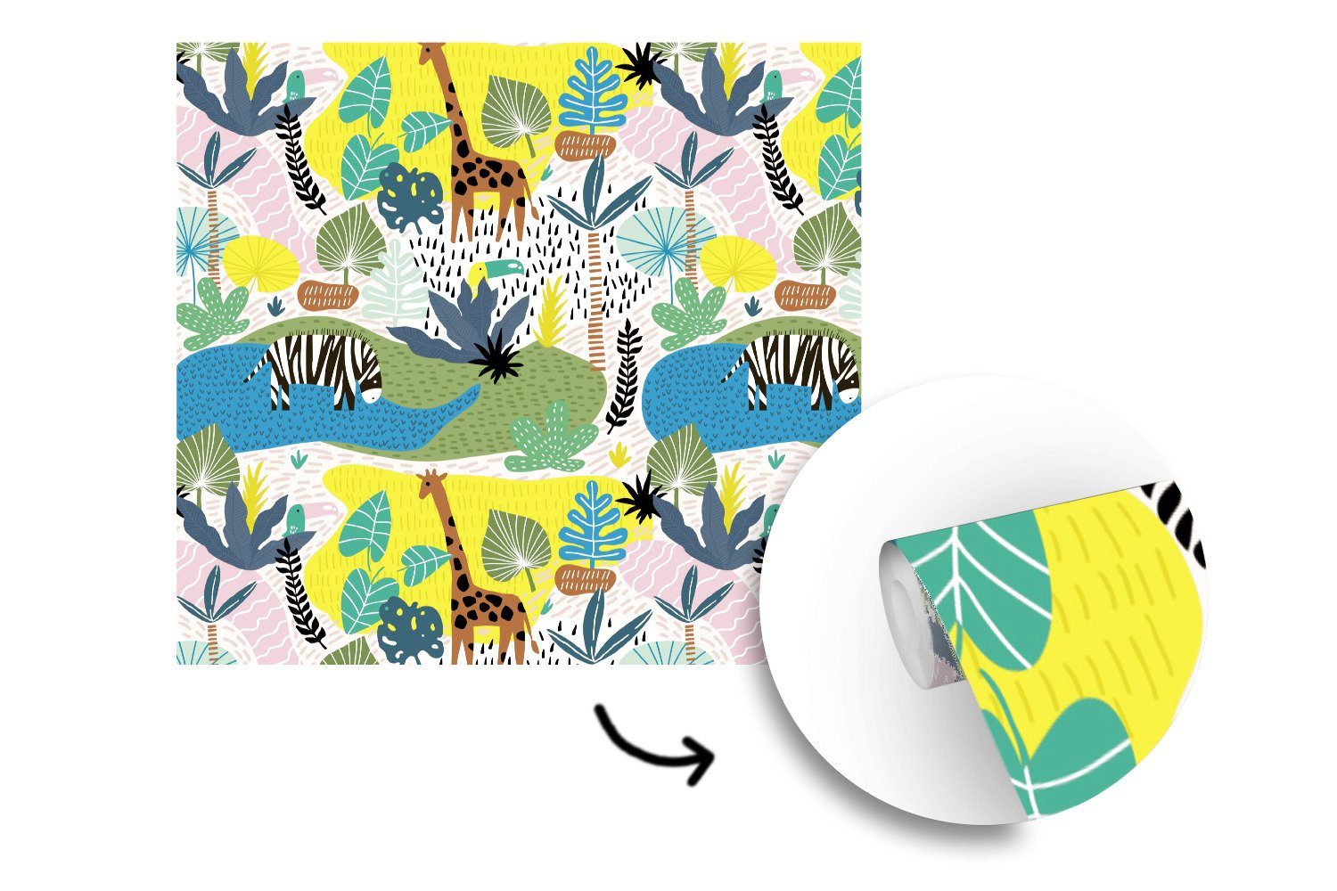 MuchoWow Fototapete Dschungel - Tiere St), für oder Pflanzen Schlafzimmer, - (5 Vinyl Wandtapete bedruckt, Farben, - Wohnzimmer Matt, Tapete