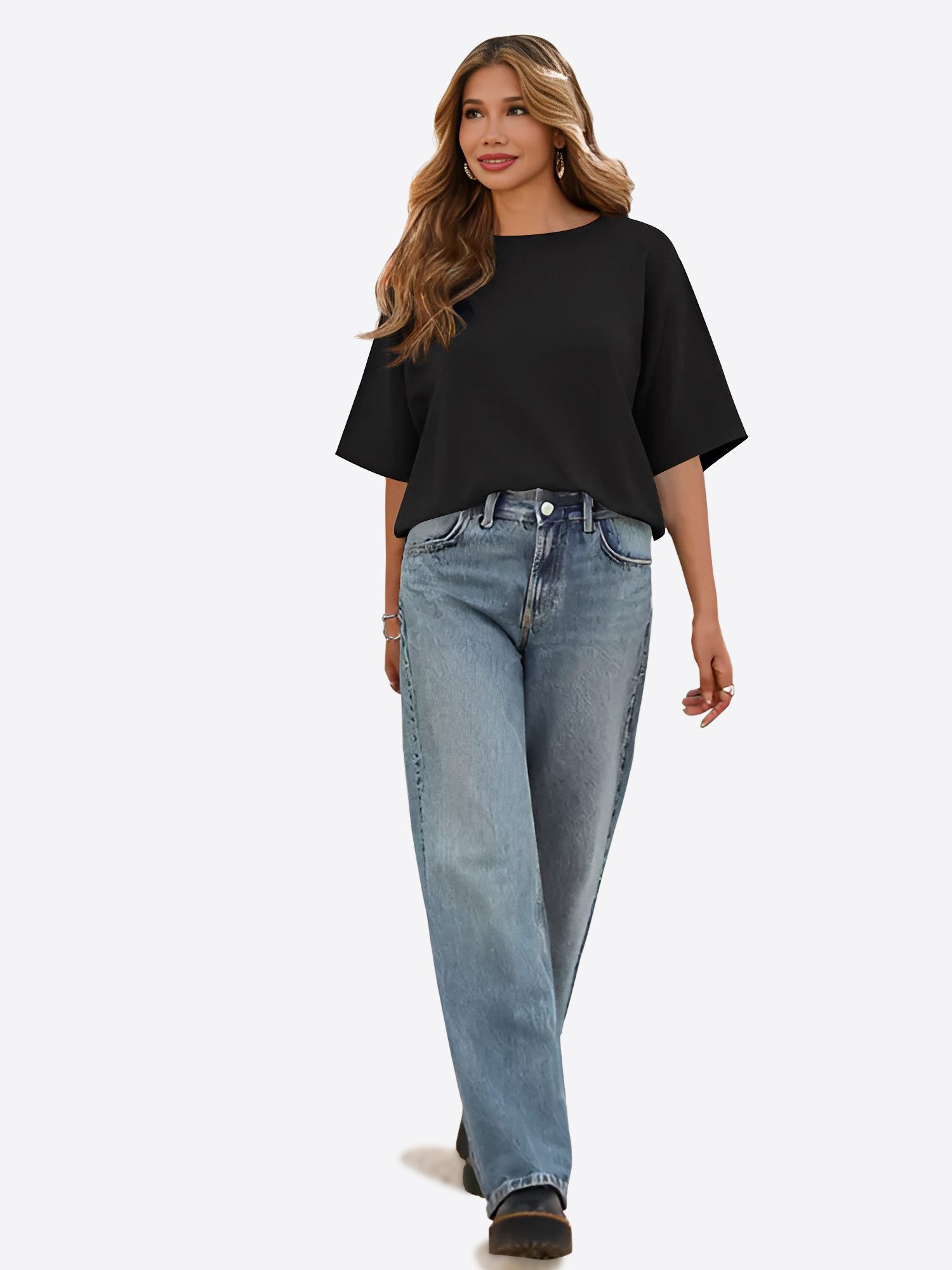 Imily Bela Kurzarmpullover Damen T-Shirt locker geschnitten (Packung, 1-tlg., 1per-Pack) in Unifarbe – Bild 3 von 5