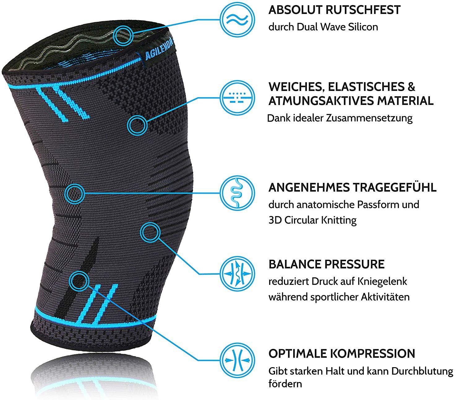 AGILE NOW Kniebandage Hochwertige Kniebandage Herren & Damen (Paar) (Elastische Kniestütze für Sport & Fitness, Knie Bandage Paar, Blau XXL), Atmungsaktiv & Rutschfest, Kniebandagen (Paar)