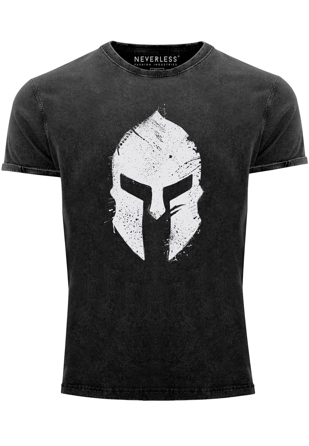 Neverless Print-Shirt Herren Vintage Shirt Print Sparta-Helm Aufdruck Gladiator Krieger Warr mit Print schwarz -weiss