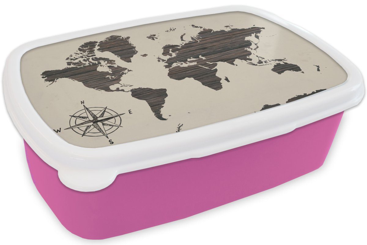 Kunststoff, rosa Mädchen, Lunchbox MuchoWow (2-tlg), Kompassrose, Kunststoff Brotbox Holz Weltkarte Snackbox, Brotdose - Erwachsene, Kinder, für -