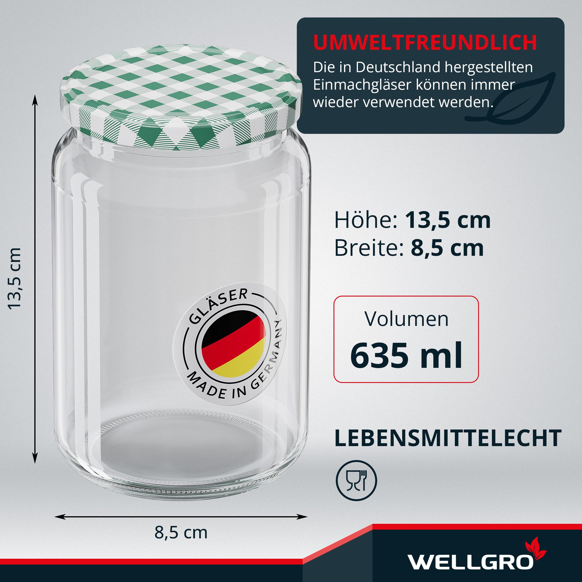 Wellgro Vorratsglas Einmachgläser mit Schraubdeckel TO 82, grün kariert, (6-tlg) – Bild 4 von 5