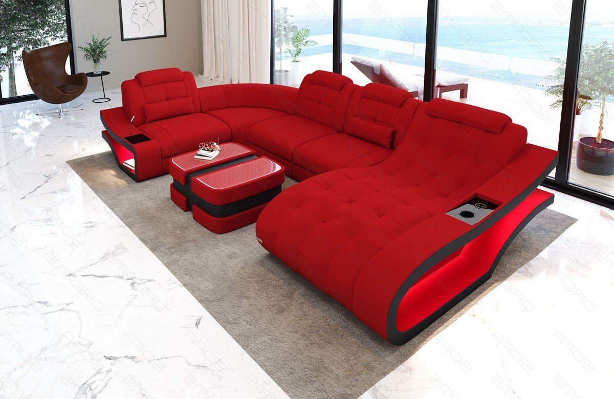 - Stoff mit Bettfunktion Polster Elegante Stoffsofa Sofa, U Couch M Dreams Wohnlandschaft rot-schwarz wahlweise Sofa Form