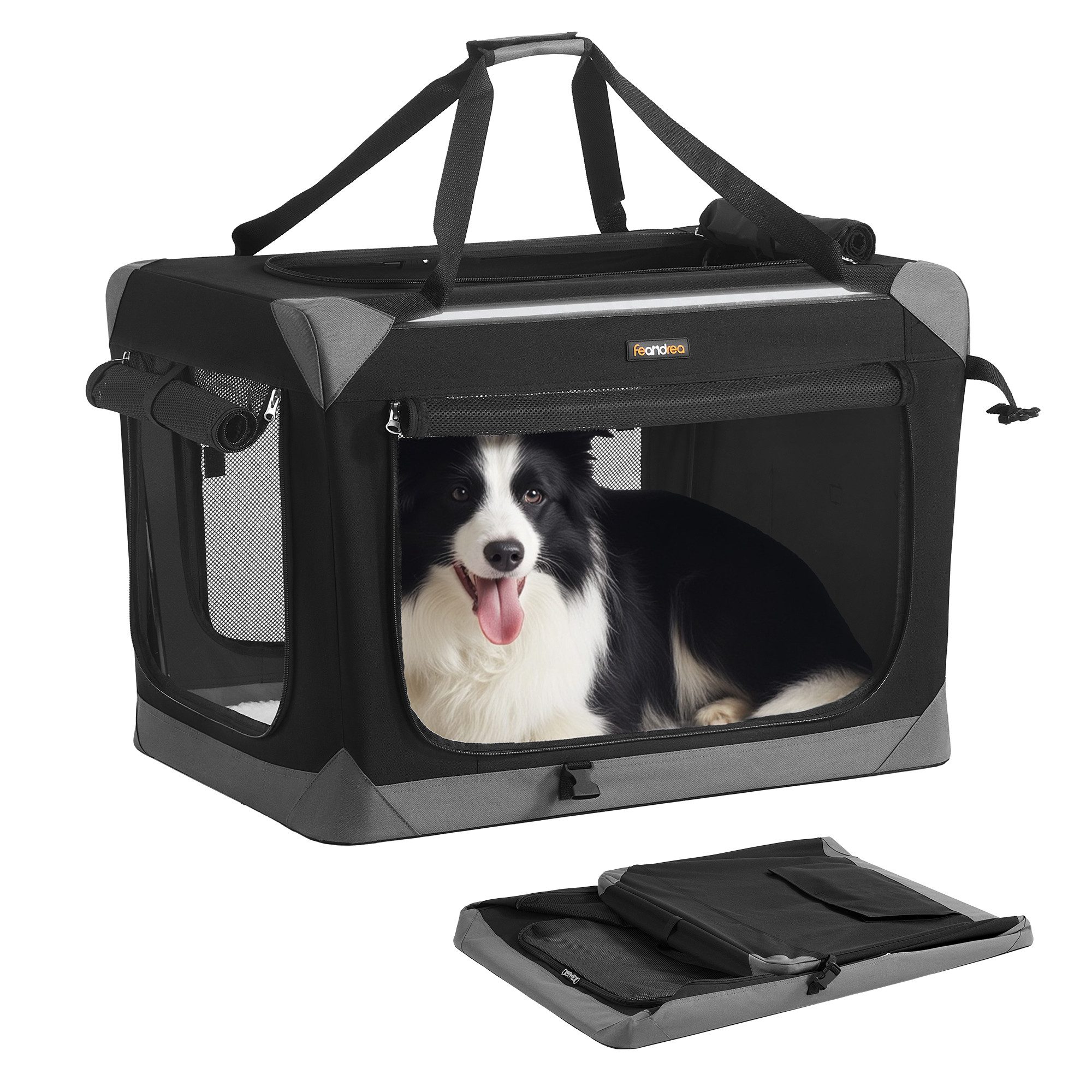 FEANDREA Hunde-Transportbox Hundebox faltbar, Hundetasche, Oxford-Gewebe, tintenschwarz-taubengrau, mit 4 Türen aus Netzstoff, Griffen, Tasche, 76,2 cm, mittelgroße Hunde