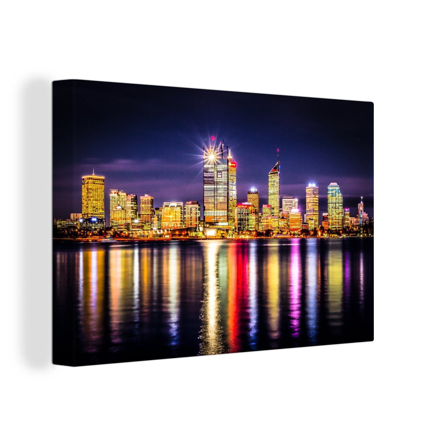 OneMillionCanvasses® Leinwandbild Die Skyline von Perth bei Nacht, (1 St), Wandbild Leinwandbilder, Aufhängefertig, Wanddeko, 30x20 cm