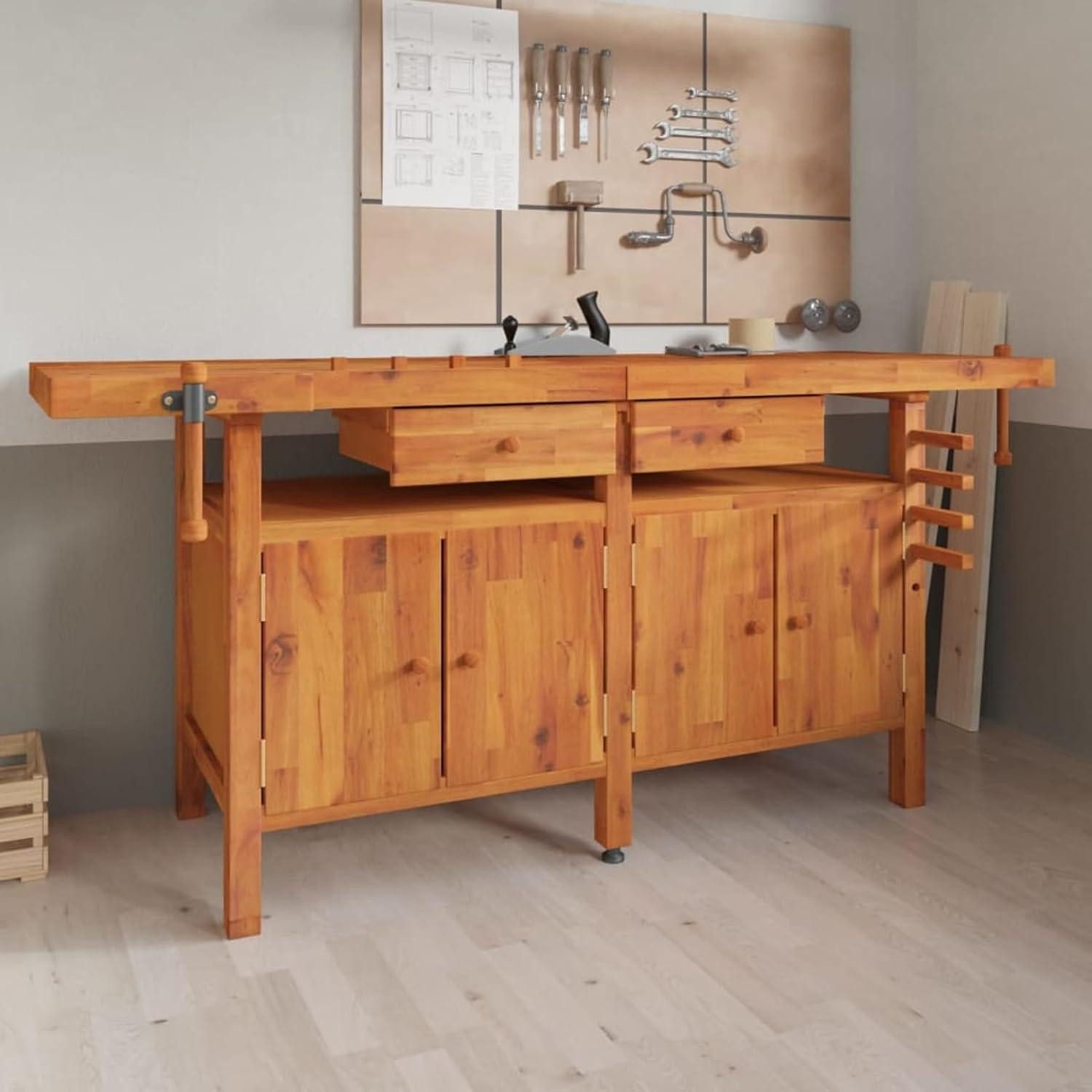 LuxusKollektion Werkbank Werkbank mit Schraubstock Hobelbank Akazienholz 192x62x83 cm