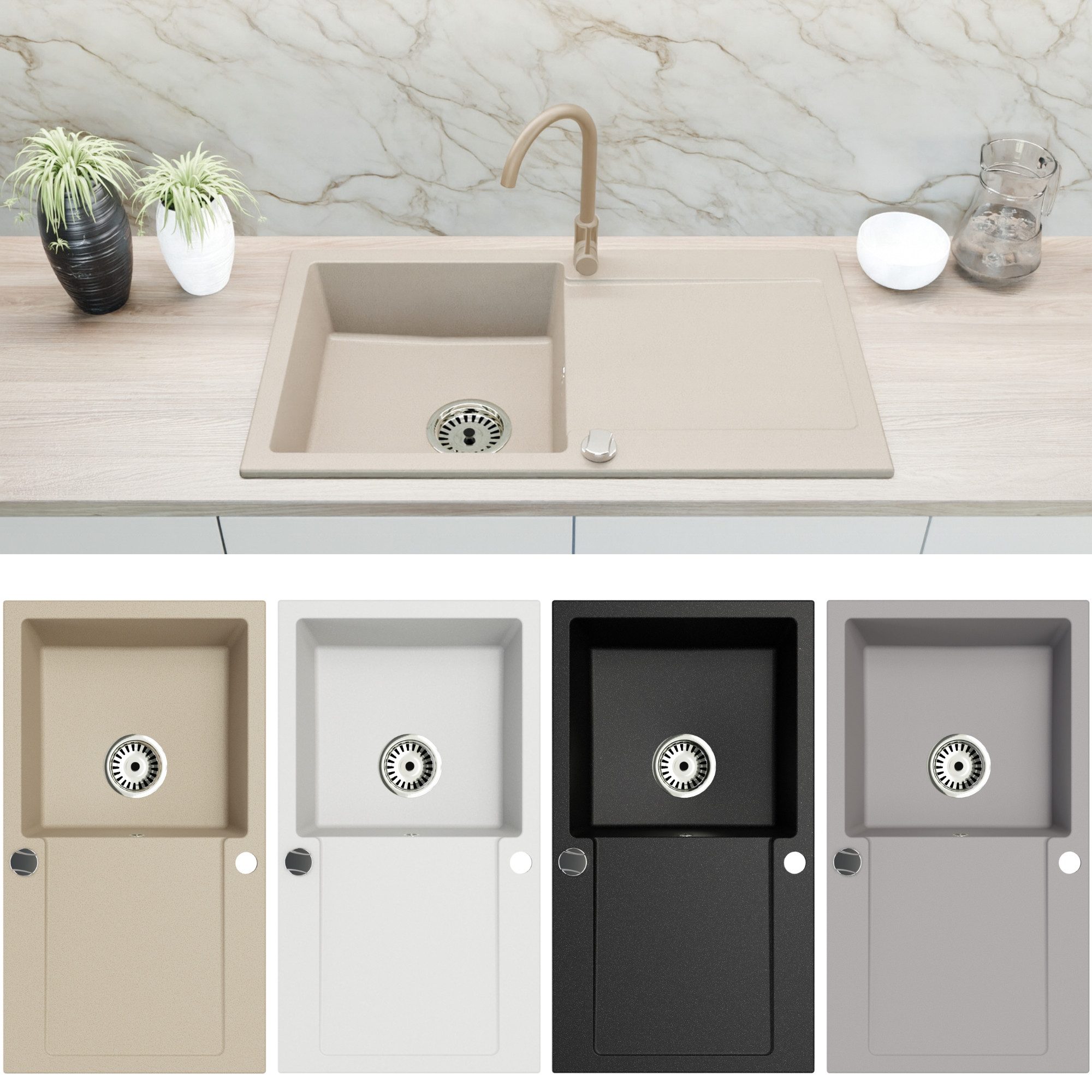 Faizee Home Granitspüle Faizee Home Granitspüle 90x50 cm, eckig, mit Abtropffläche & Siphon