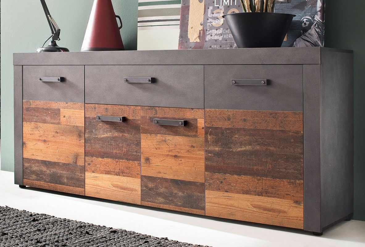 trendteam Sideboard Sideboard Kommode Indy Old Used Wood / Matera grau 178x77 cm Shabby