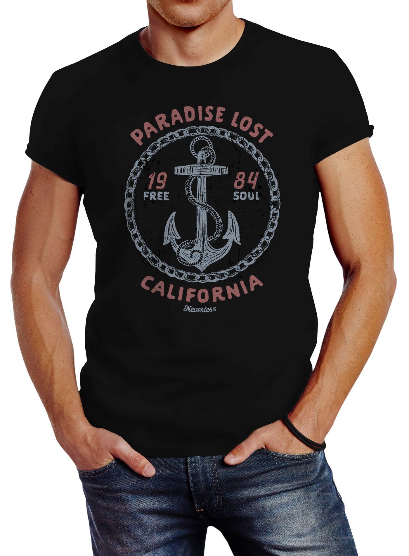 Paradise Herren Schriftzug maritim Fashion Motiv Neverless Print T-Shirt Neverless® Anker California mit Streetstyle Print-Shirt lost