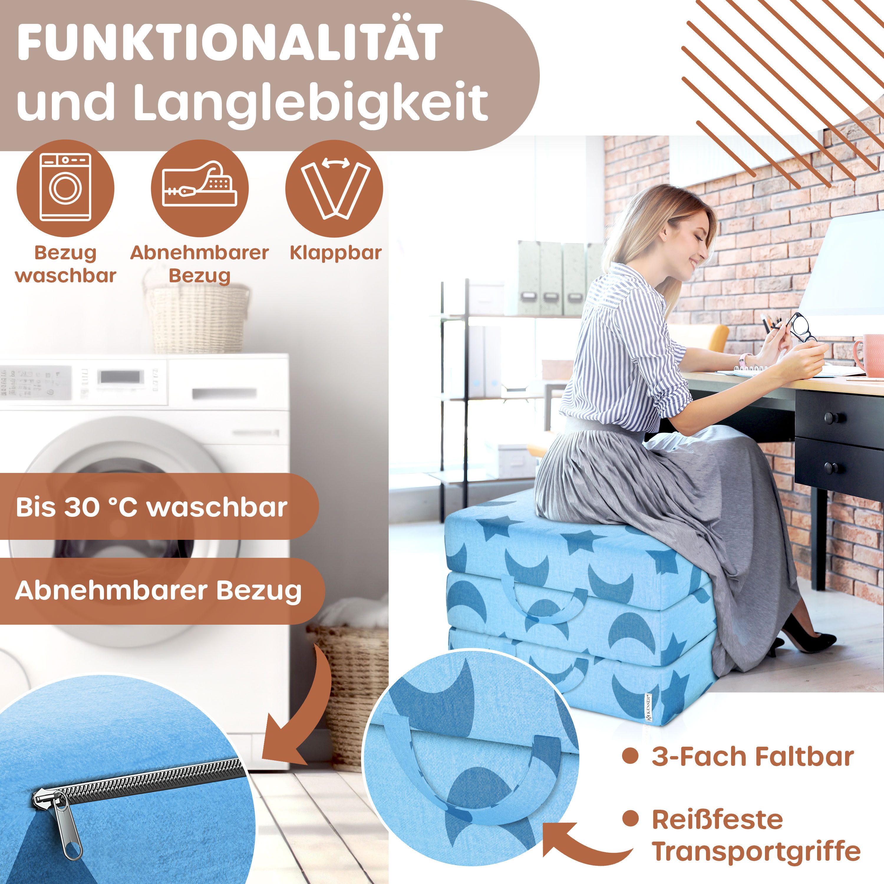 Klappmatratze 15cm hoch Gästematratze 3-fach faltbar zum Sitzhocker, KESSER, (bis zu 30 °C waschbarer abnehmbarer Bezug, Schaumstoff 25kg/m), Faltmatratze Inkl. Wasserabweisende Tragetasche