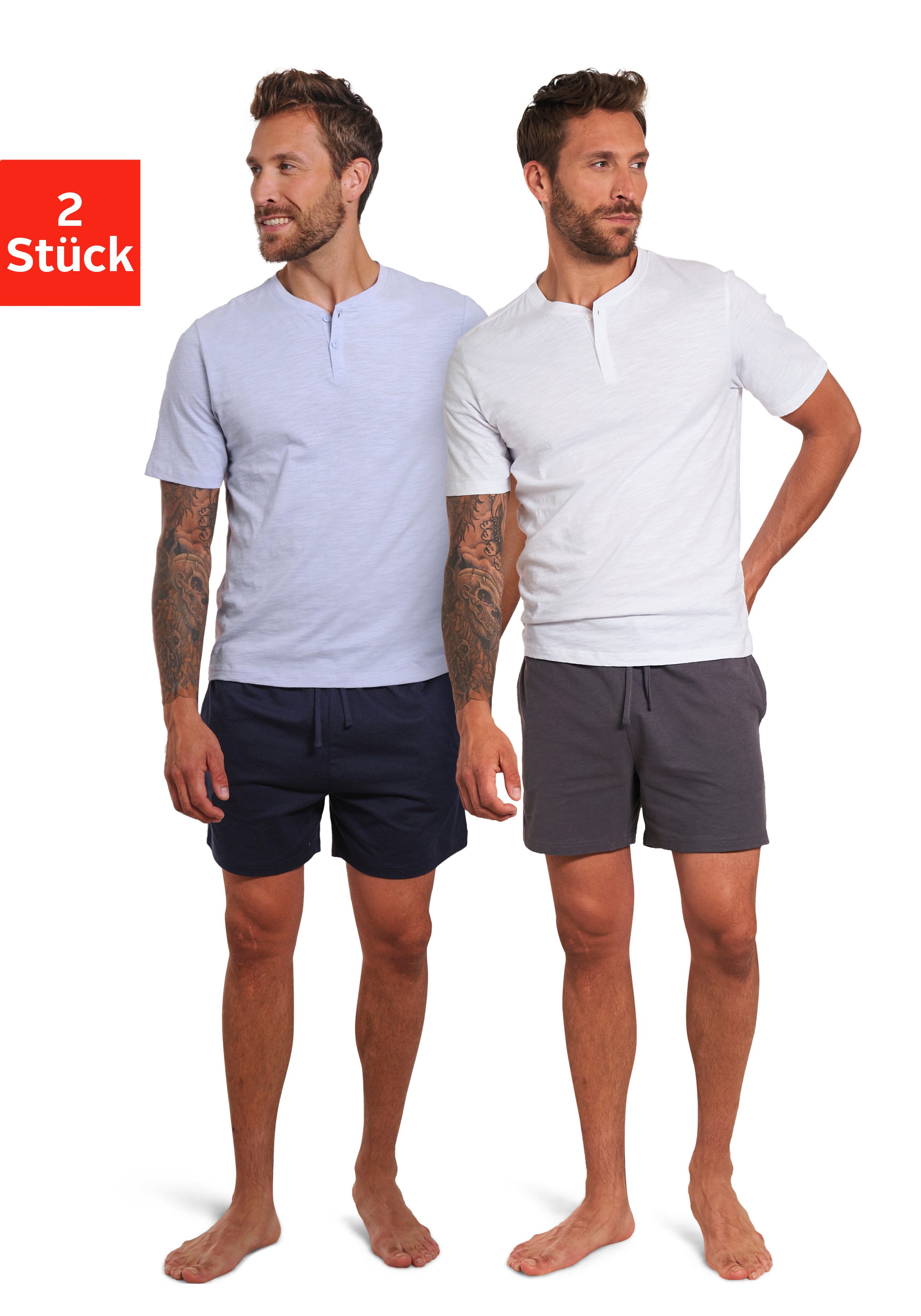 AUTHENTIC LE JOGGER Pyjama (Packung, 4 tlg., 2 Stück) mit Knopfleiste am Halsausschnitt, Shirt aus strukturierter Baumwolle