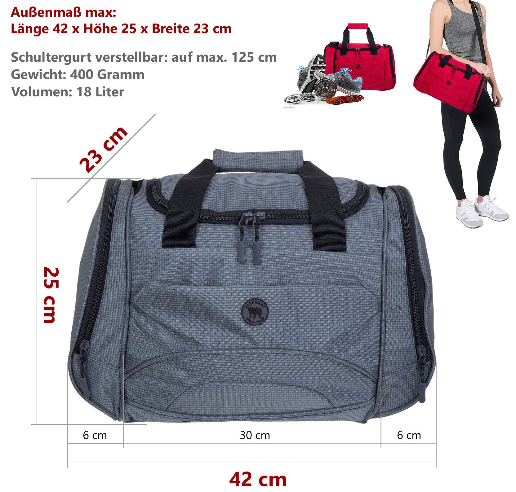 ELEPHANT Sporttasche klein Damen Herren Kinder Fitness Tasche 42 cm small, Color Sport Reise Schule Fitness Gym + Flasche