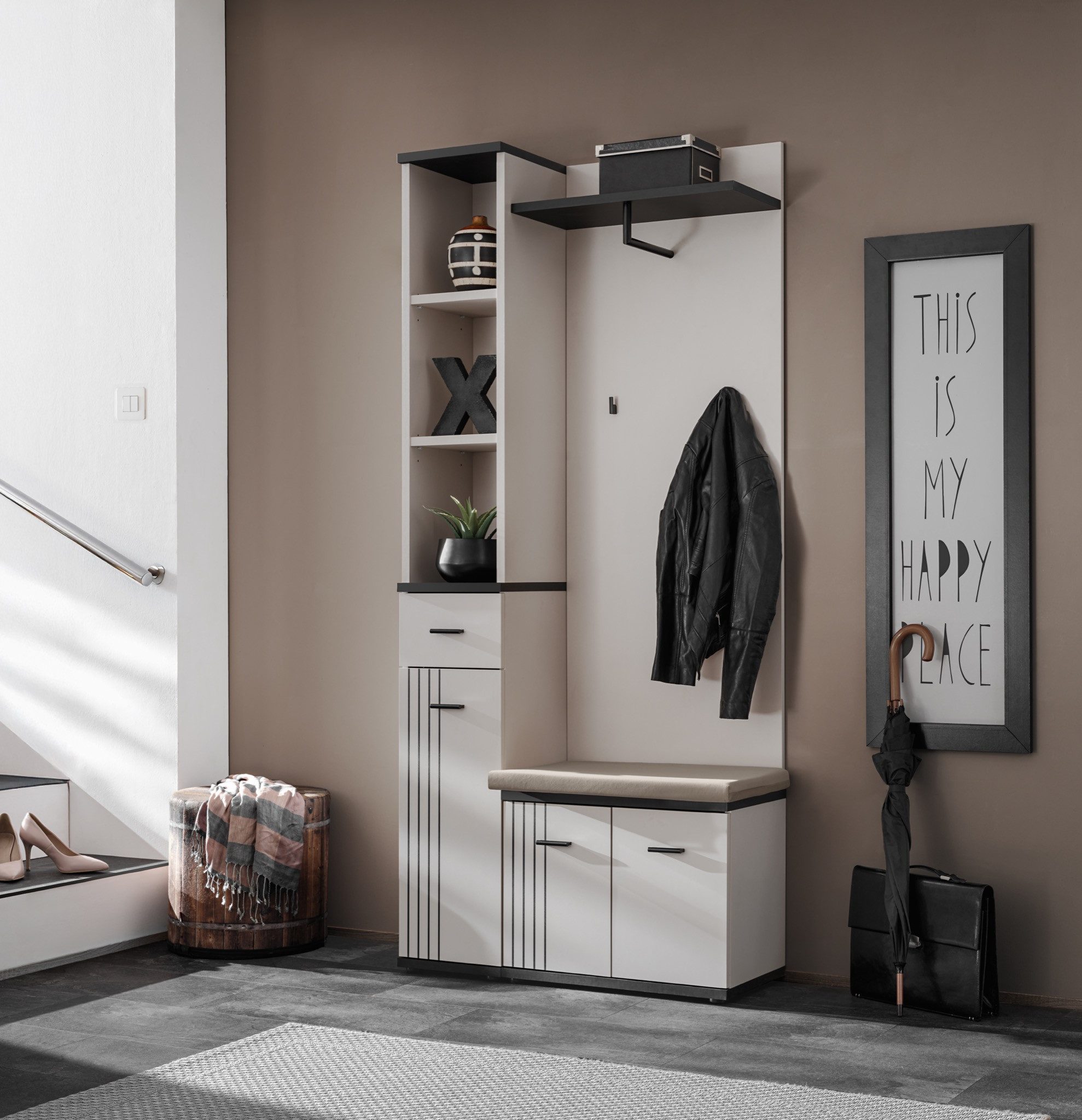Garderoben-Set Flurgarderobe Schuhschrank Wandpaneel HUGO I mit Sitzbank