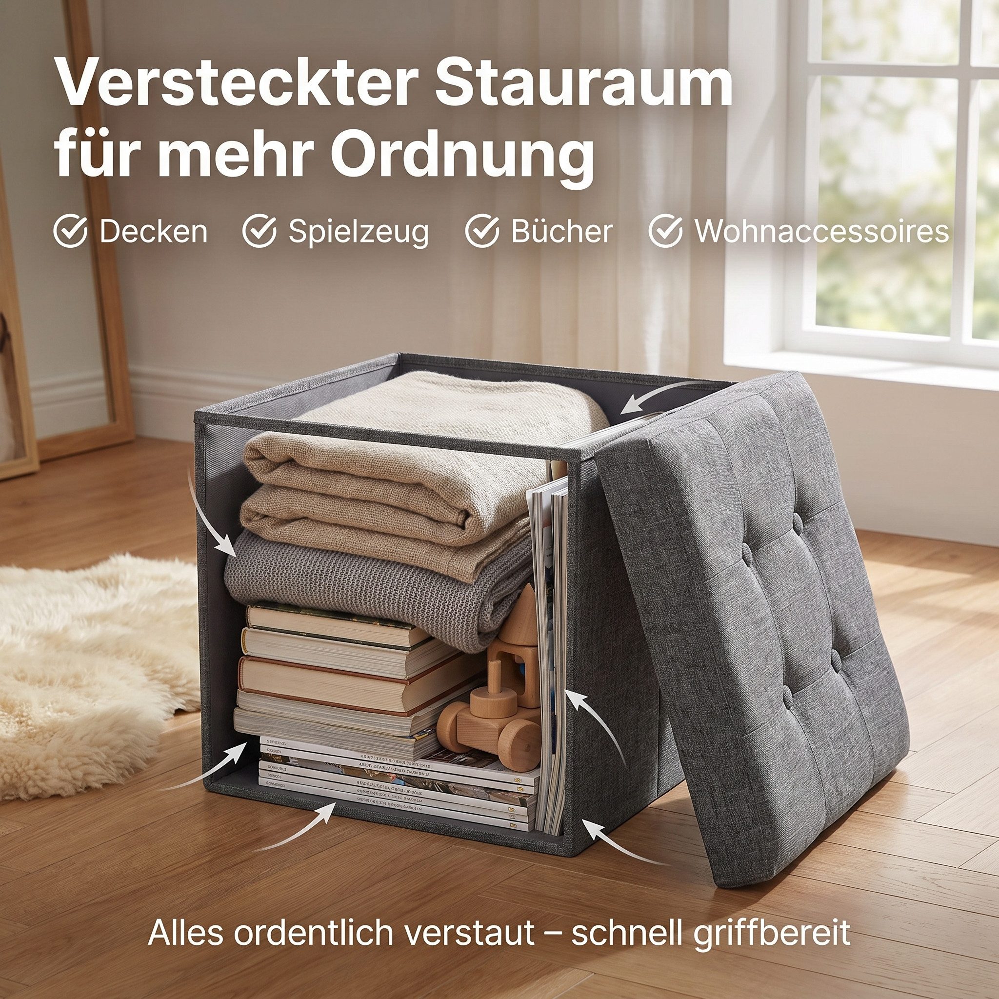 hausleben Sitzwürfel mit Stauraum - 38 x 38 x 38 cm (1 St), Faltbare Aufbewahrungsbox