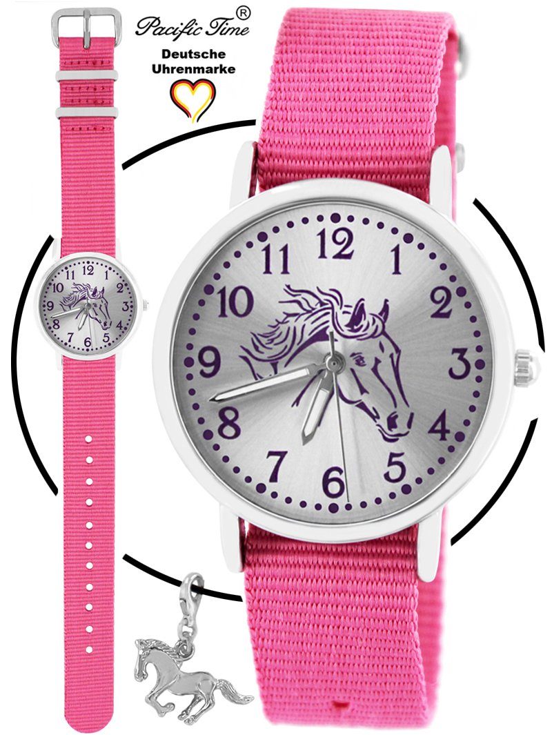 Pacific Time Quarzuhr Set Kinder Armbanduhr Pferd violett Wechselarmband und Kette, Mix und Match Design - Gratis Versand