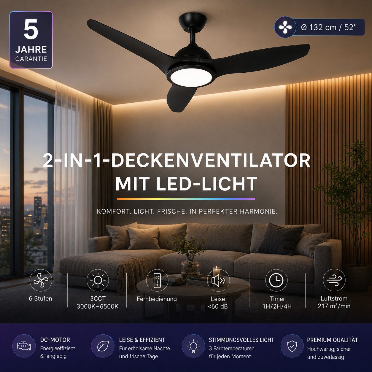 Braytron Deckenventilator mit Licht 3CCT Fernbedienung, Fernbedienung, LED fest integriert