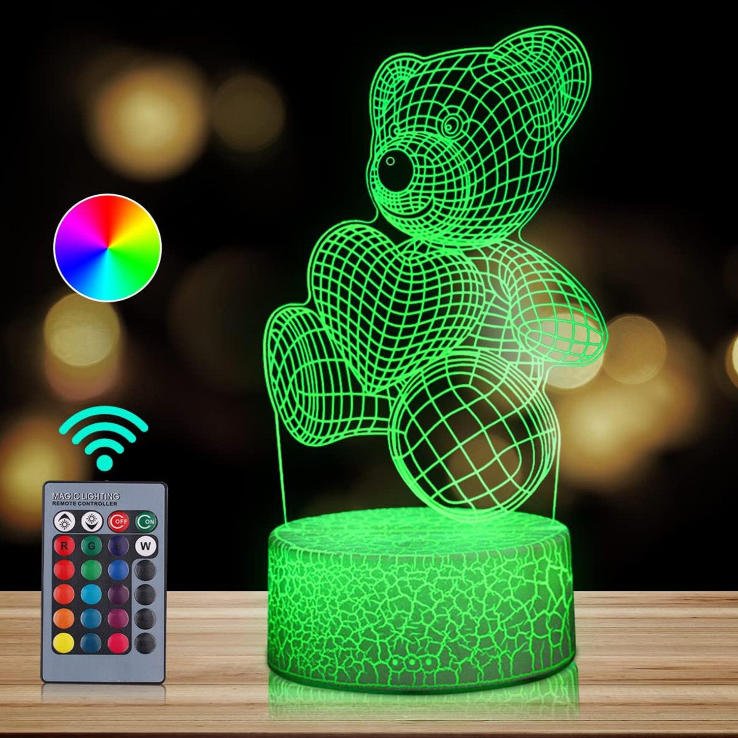 HOUROC Nachttischlampe LED Nachttischlampe, LED Nachtlicht 3D-Illusion, variabel 16 Farben, 16 Farben einstellbar, Mit Fernbedienung, durch Berührung einstellbar