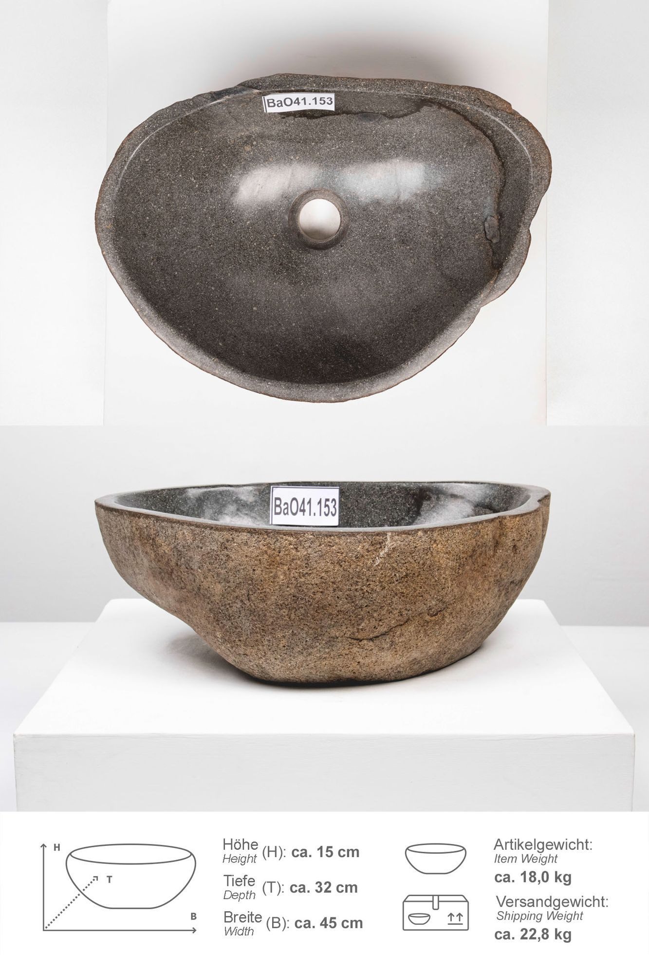 wohnfreuden Aufsatzwaschbecken Naturstein Waschbecken 40 cm oval (Kein Set), 101726_BaO41.153