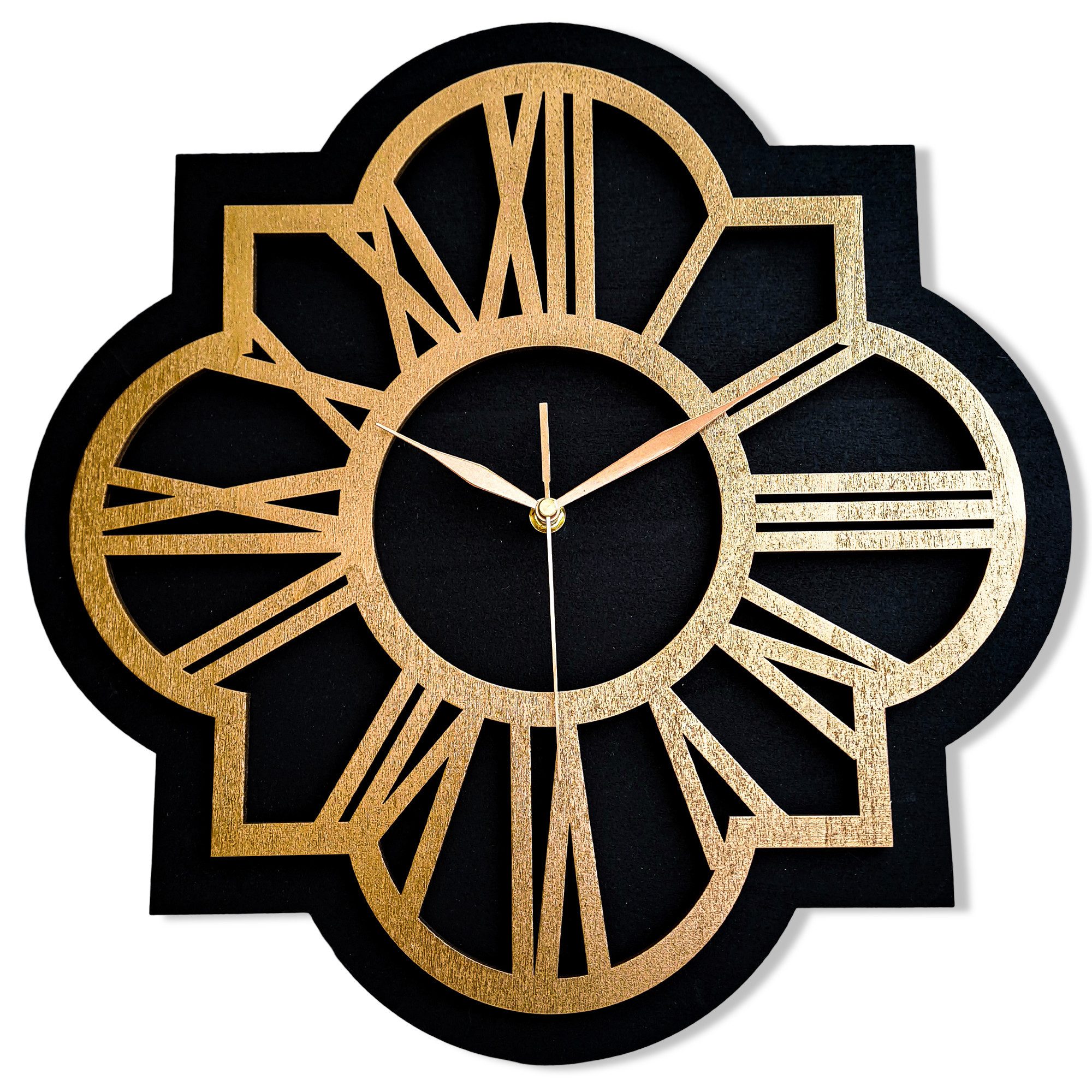 ORNAMENTI Wanduhr Vintage Stil,grosse,hingucker Wanduhr, holz,3 Grossen, schwarz-gold (Handmade, ohne Ticken, Ornament, Wanddeko, Holzdeko, 5 Farben)
