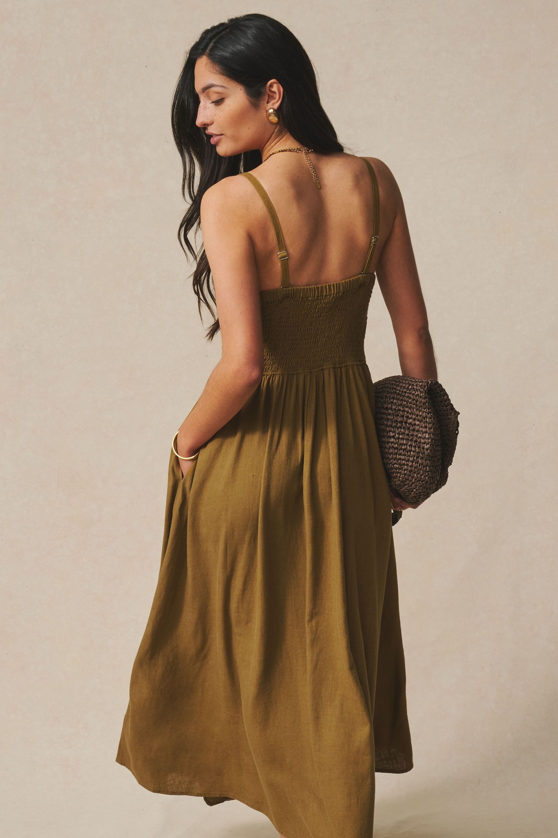 Next Midikleid Bandeau-Midikleid mit Raffung und Leinen (1-tlg) günstig online kaufen