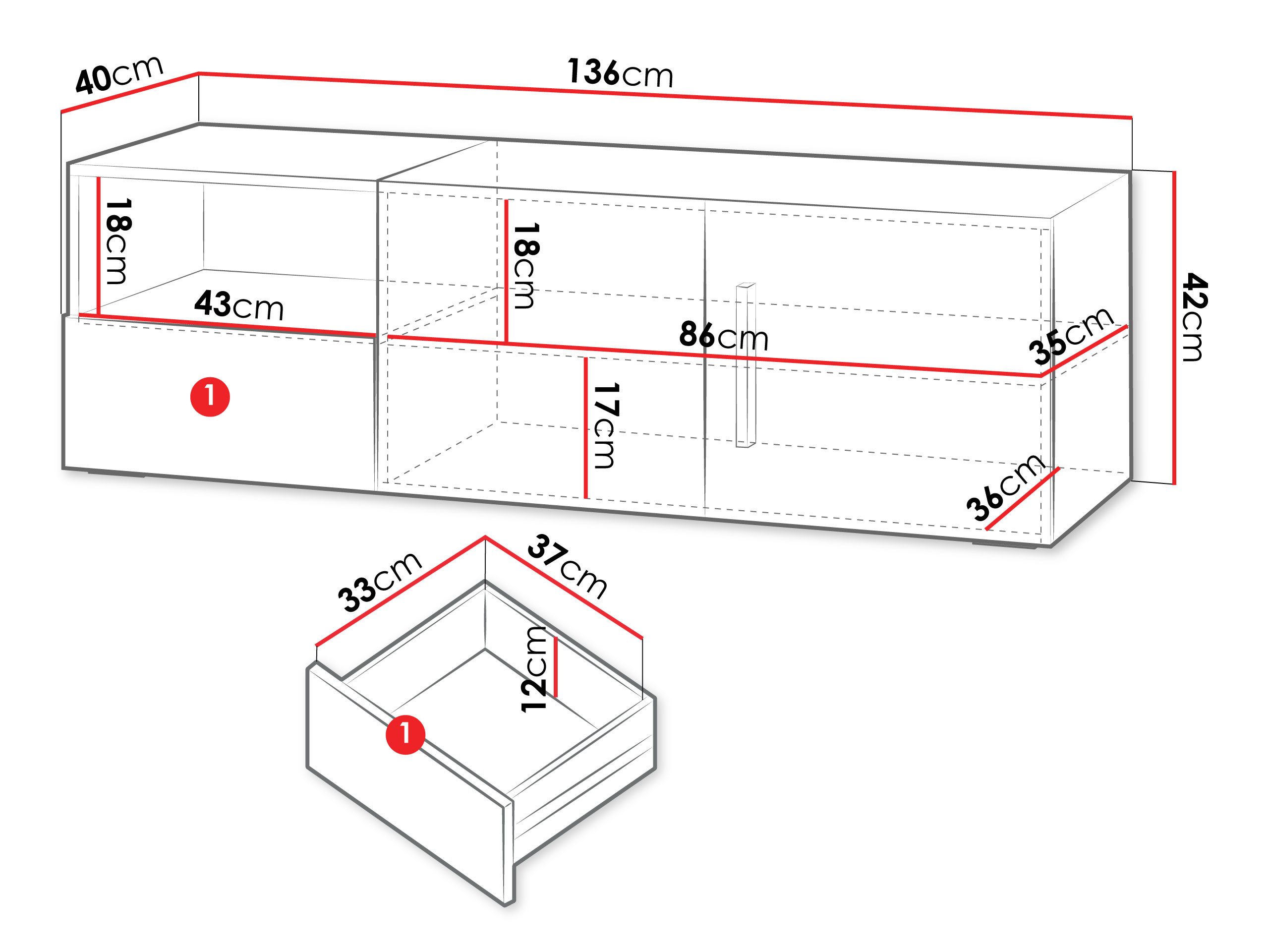 MIRJAN24 TV-Schrank Lorin 2D1S LO09 (mit zwei Drehtüren und Schublade) Topfscharniere mit gedämpftem Schließsystem, 136x40x42 cm