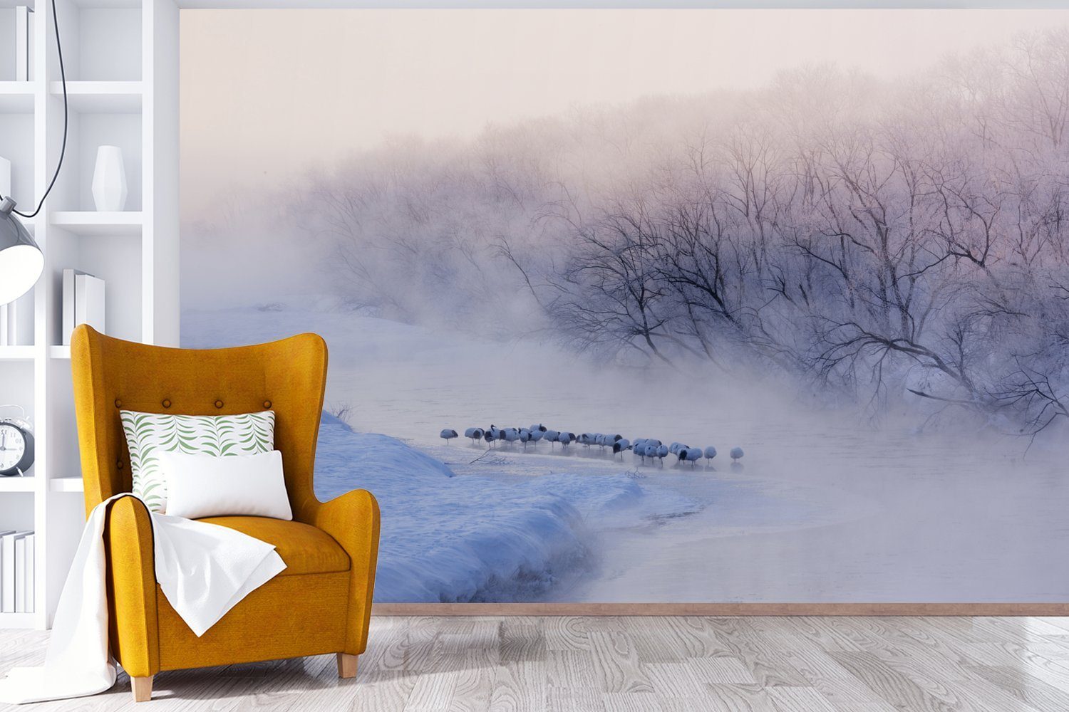 für Fluss Wohnzimmer, Schlafzimmer, (6 MuchoWow - Wallpaper St), bedruckt, Fototapete Eis, - Tapete Matt, Vinyl Kinderzimmer, Nebel Vogel Winter - -