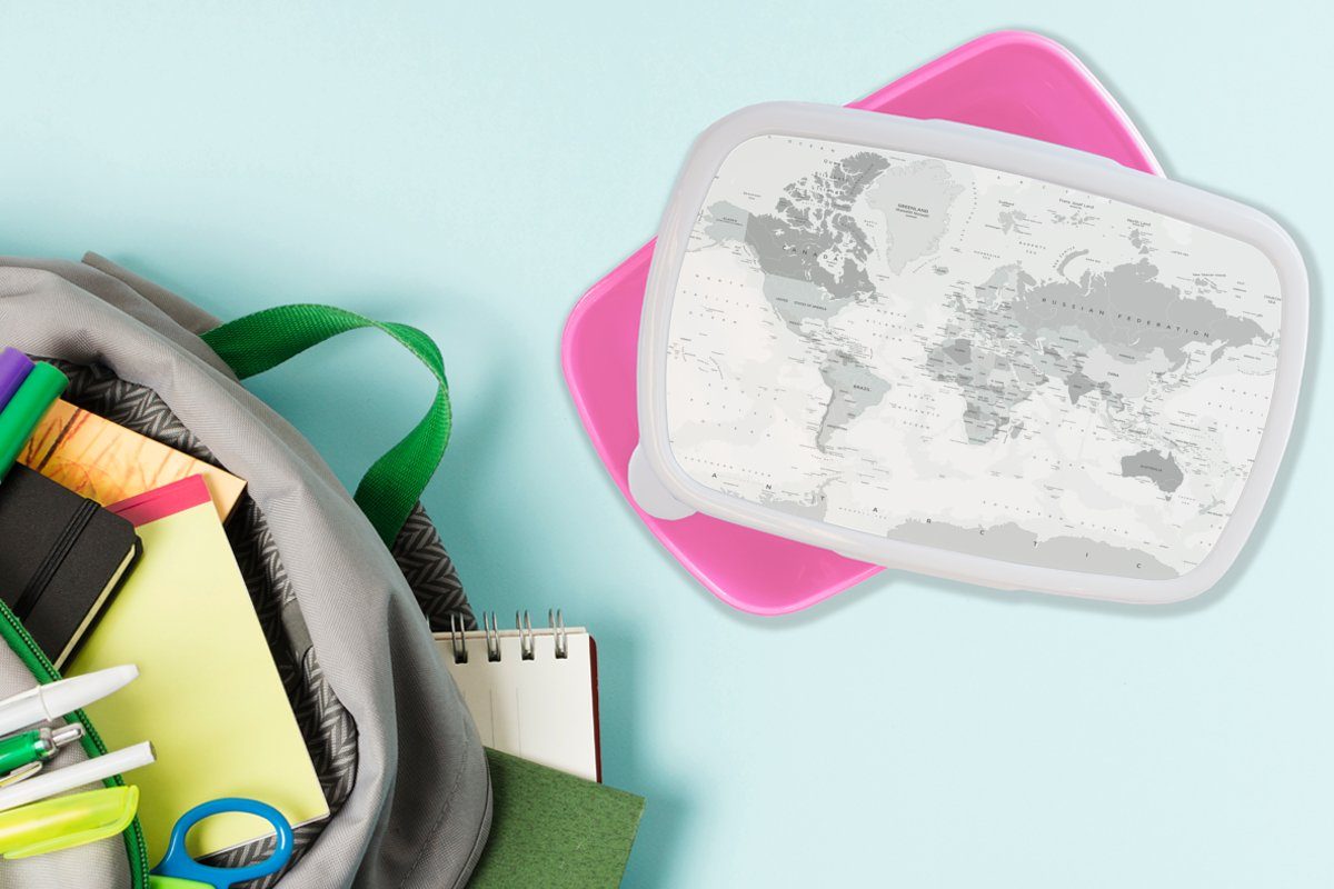 Mädchen, - Brotbox Erde, Grau Kunststoff Brotdose Snackbox, Weiß rosa Kinder, Erwachsene, MuchoWow für (2-tlg), Lunchbox - Kunststoff, Weltkarte -