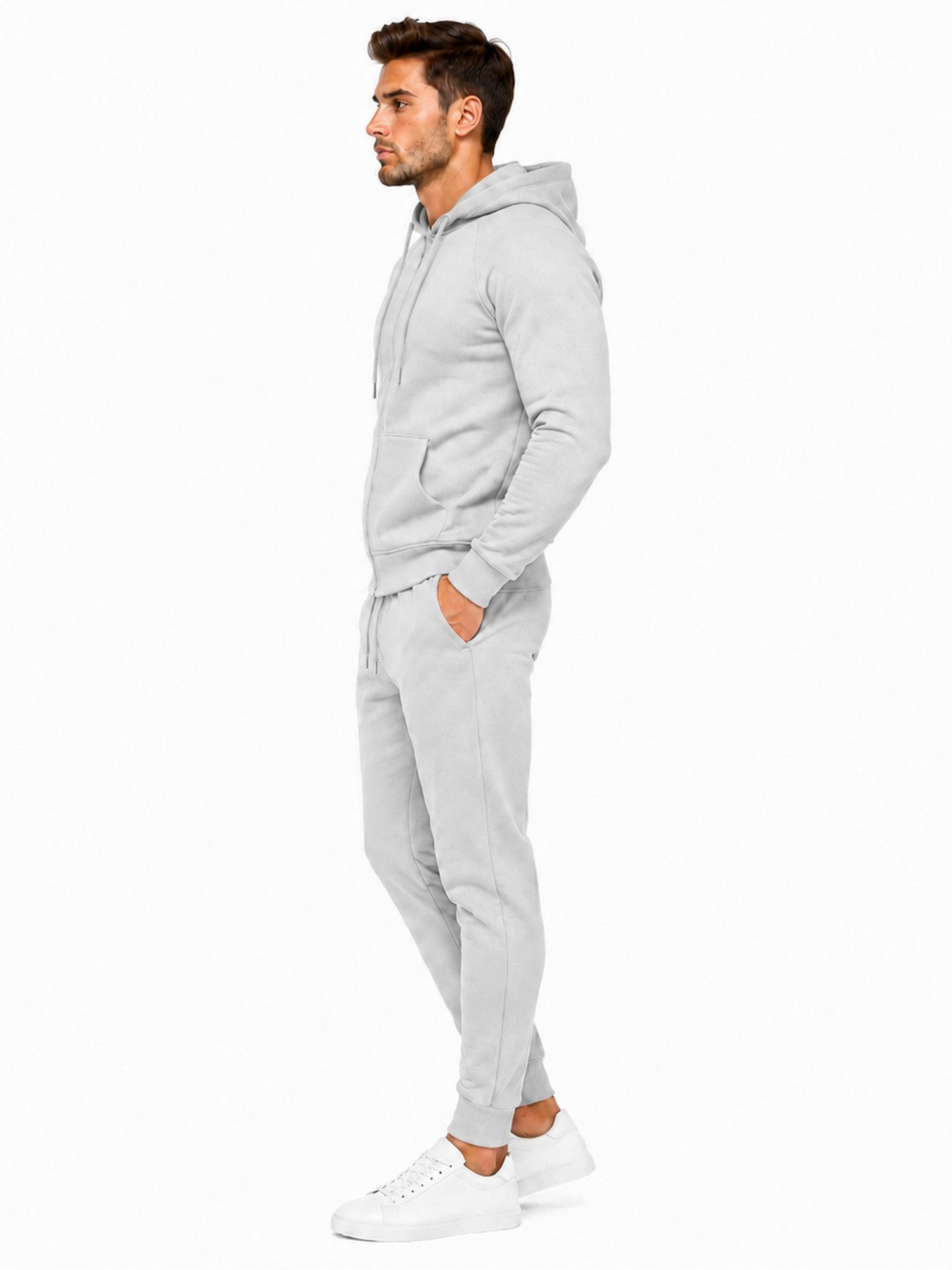 L.gonline Freizeitanzug Herren Jogginganzug einfarbig 100% BW 586 Grau XXL (Kapuzenjacke mit Reißverschluss, Hose, 2-tlg), Fitness Freizeit Casual