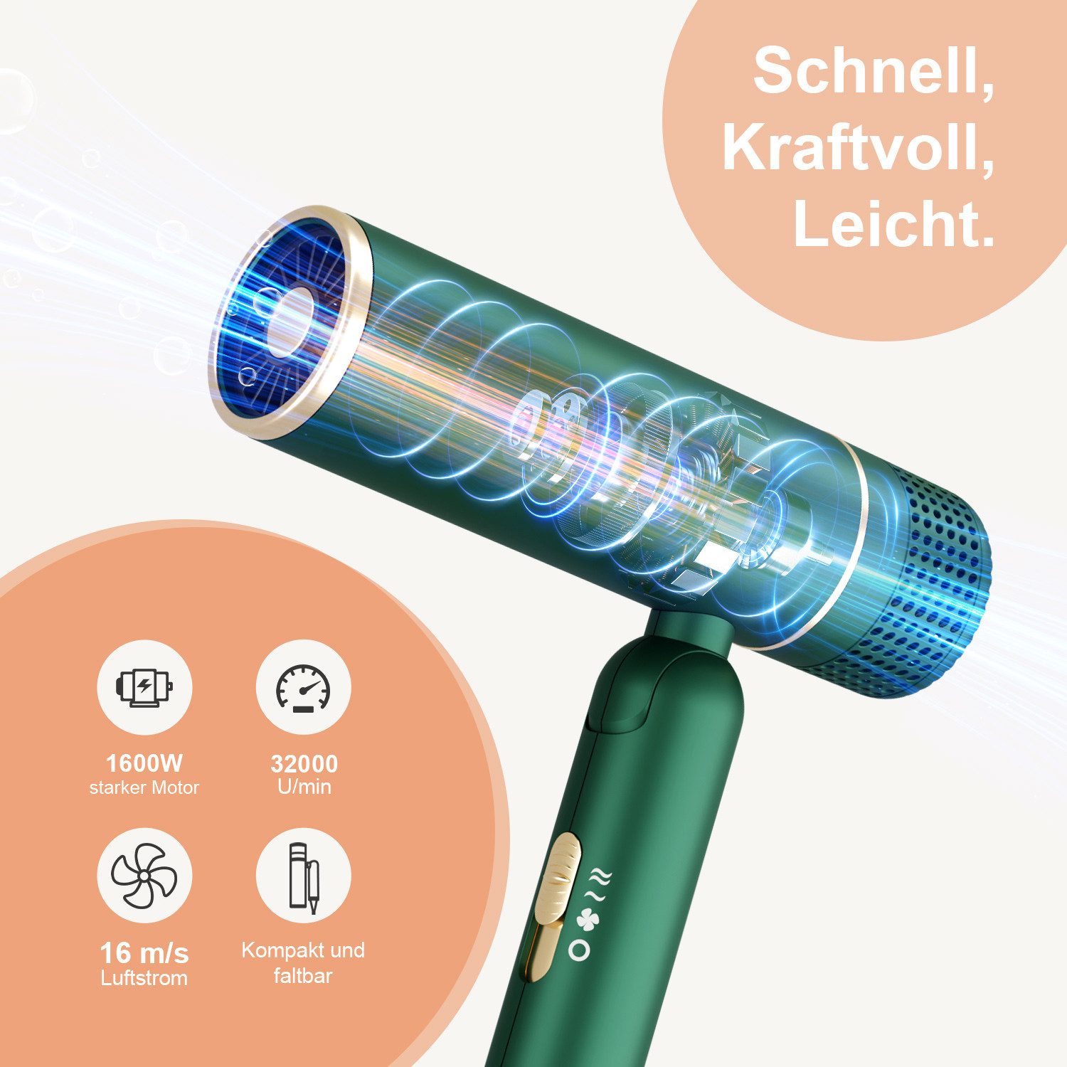 MCURO Reisehaartrockner Leicht faltbar Föhn für Reise und Alltag, 1600,00 W, 3 Temperaturstufen,2 Luftstärken,Kaltluftfunktion, mit Konzentrator oder Diffusor – faltbar, leise & reisefertig