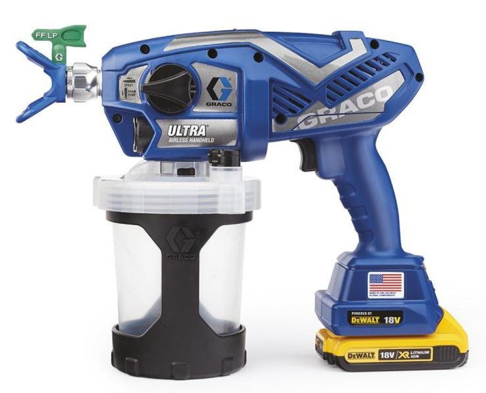 Graco Farbsprühgerät GRACO Farbpistole ULTRA AIRLESS Akku 2 x 18 V 2Ah DEWALT mit