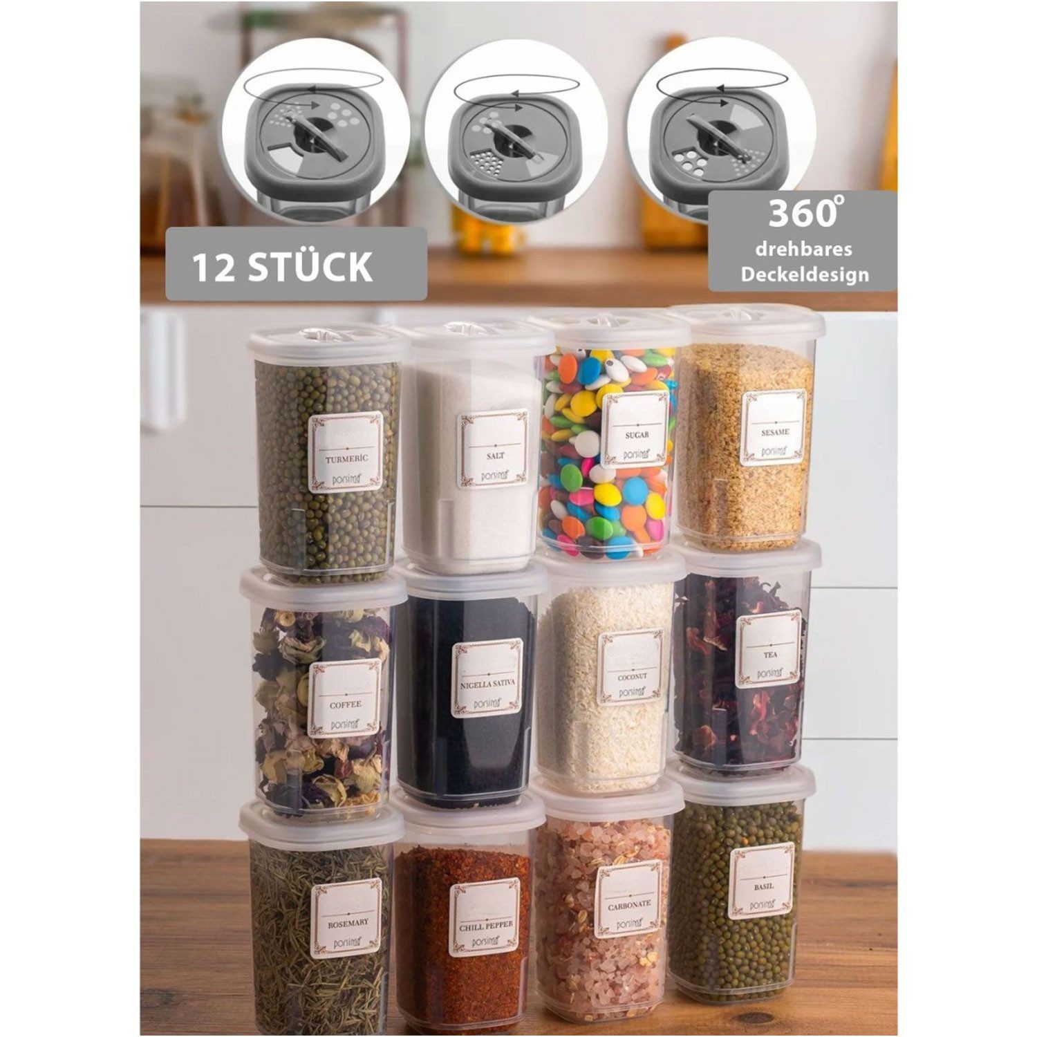 Jungengel Gewürzbehälter Set 12x Stück mit Gewürzmühle mit Deckel Vorratsdose Aufbewahrung, BPA-Freier Kunststoff, (12-tlg., Etiketten dienen nur als Beispiel und werden nicht mitgelifert), Anthrazit / Cappuccino / Transparent, Spülmaschinenkomform, BPA-Frei
