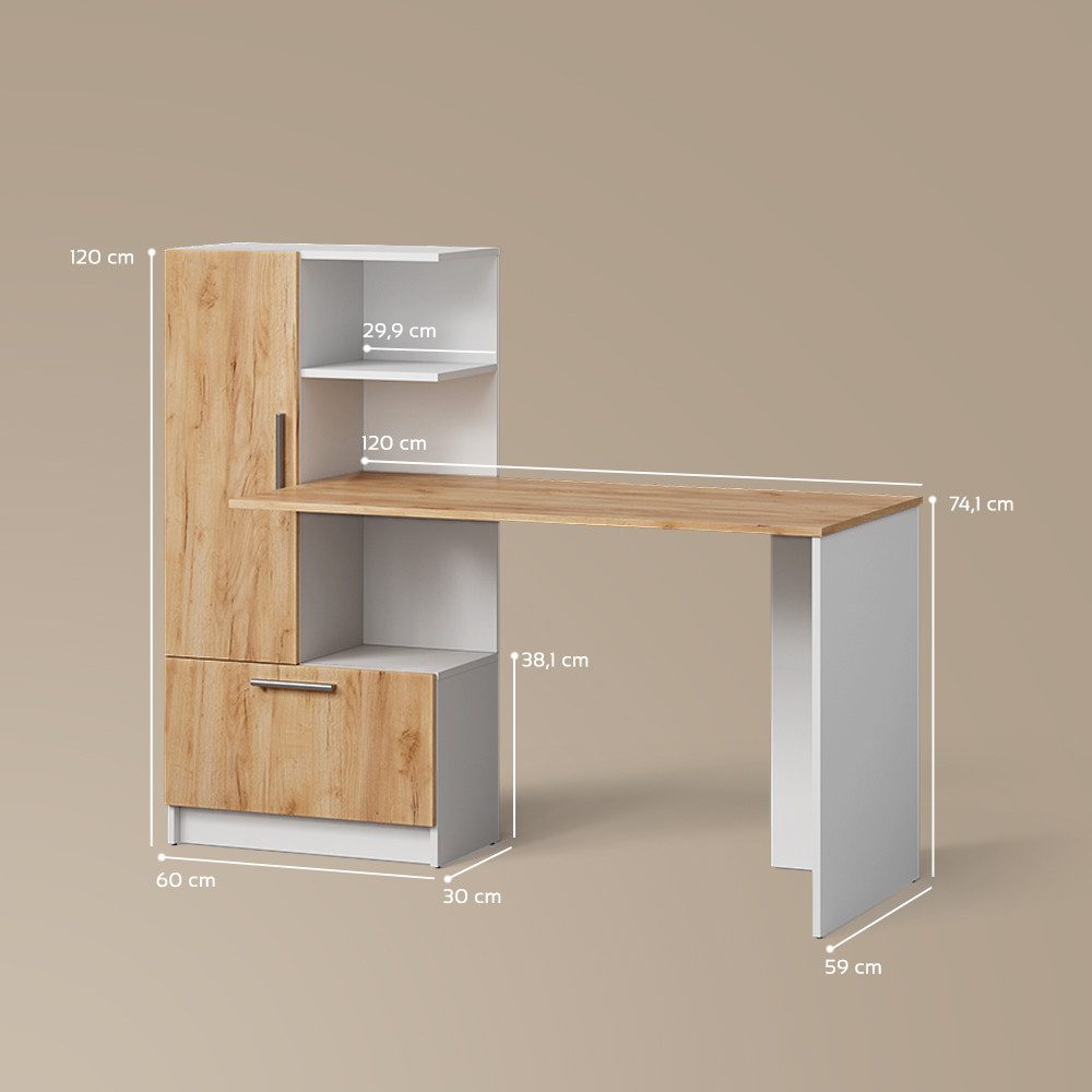 Livinity® Schreibtisch Lorena, Weiß/Goldkraft Eiche, 150 x 120.1 cm mit 2 Türen (1-St)