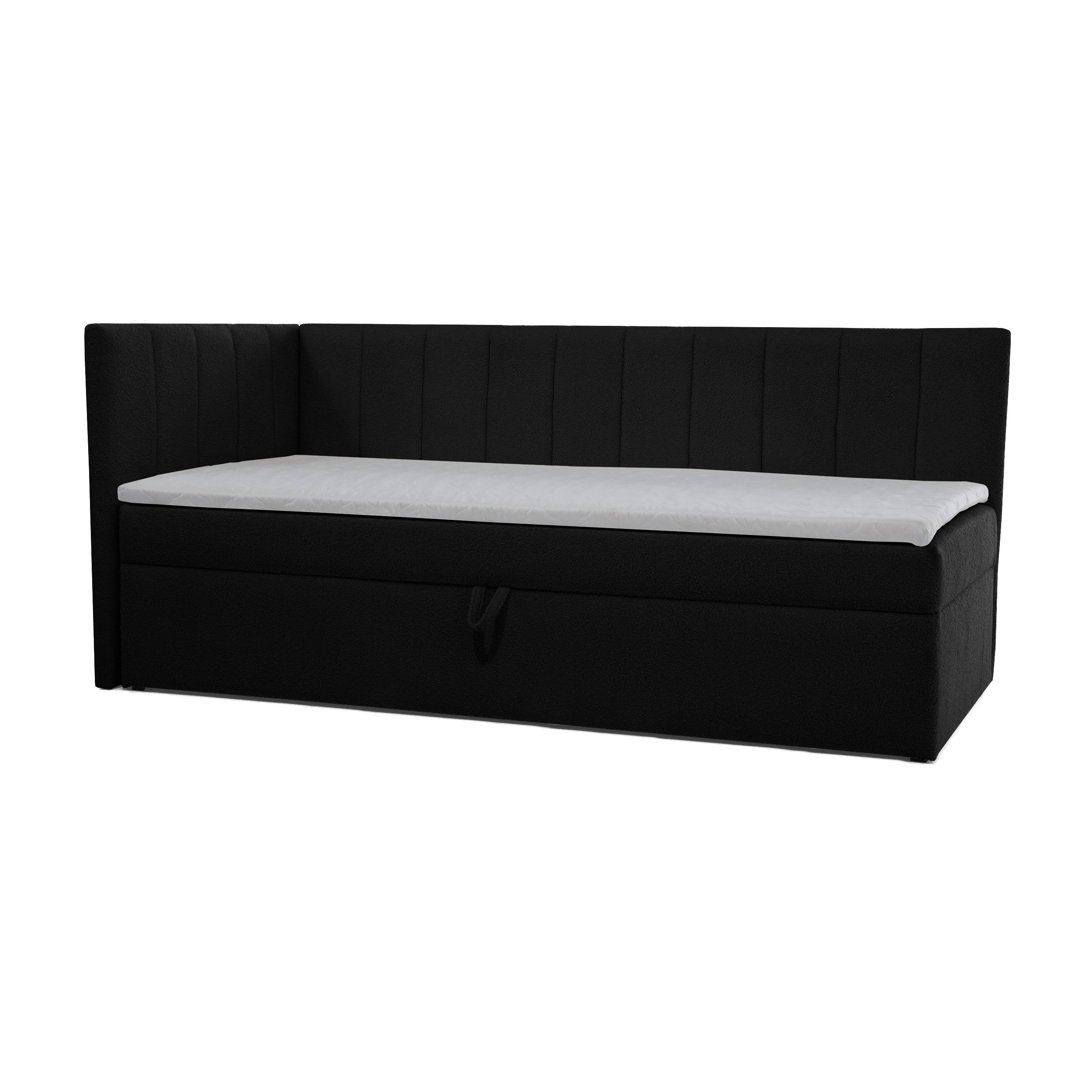 Beautysofa Einzelbett 90×200 mit Bettkasten RAFI (modernes Eckbett aus Bouclé-Stoff, für Kinder- und Jugendzimmer), mit Topper und Kissen