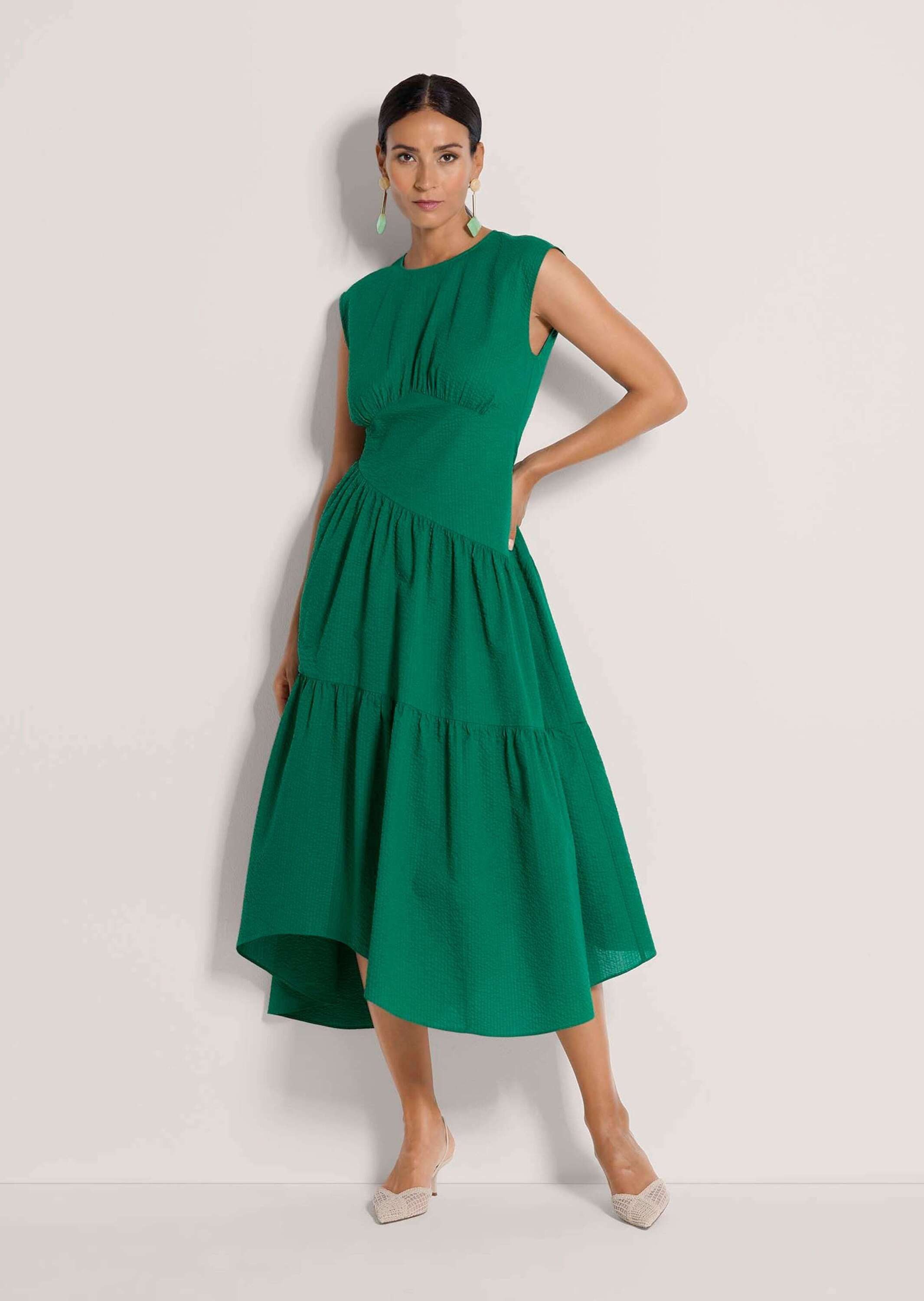MADELEINE Maxikleid Baumwollkleid mit Stufenrock Sommerkleid mit Rundhals, Wadenlänge und überschnittenen Schultern