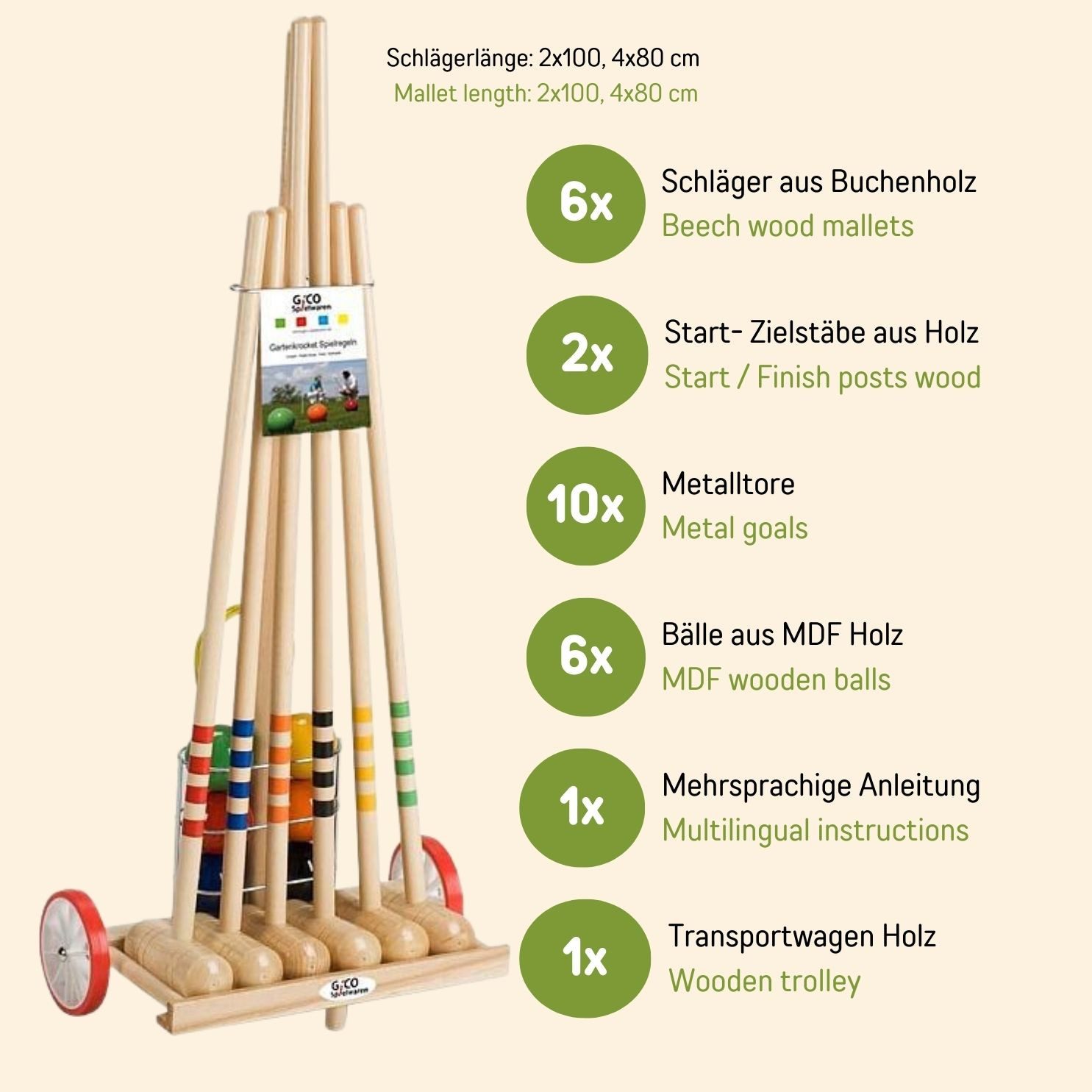 GICO Spielzeug-Gartenset GICO Krocket Set Family 6 Spieler 2x100cm,4x80 cm -3111, Schläger:4x80cm,2x100cm