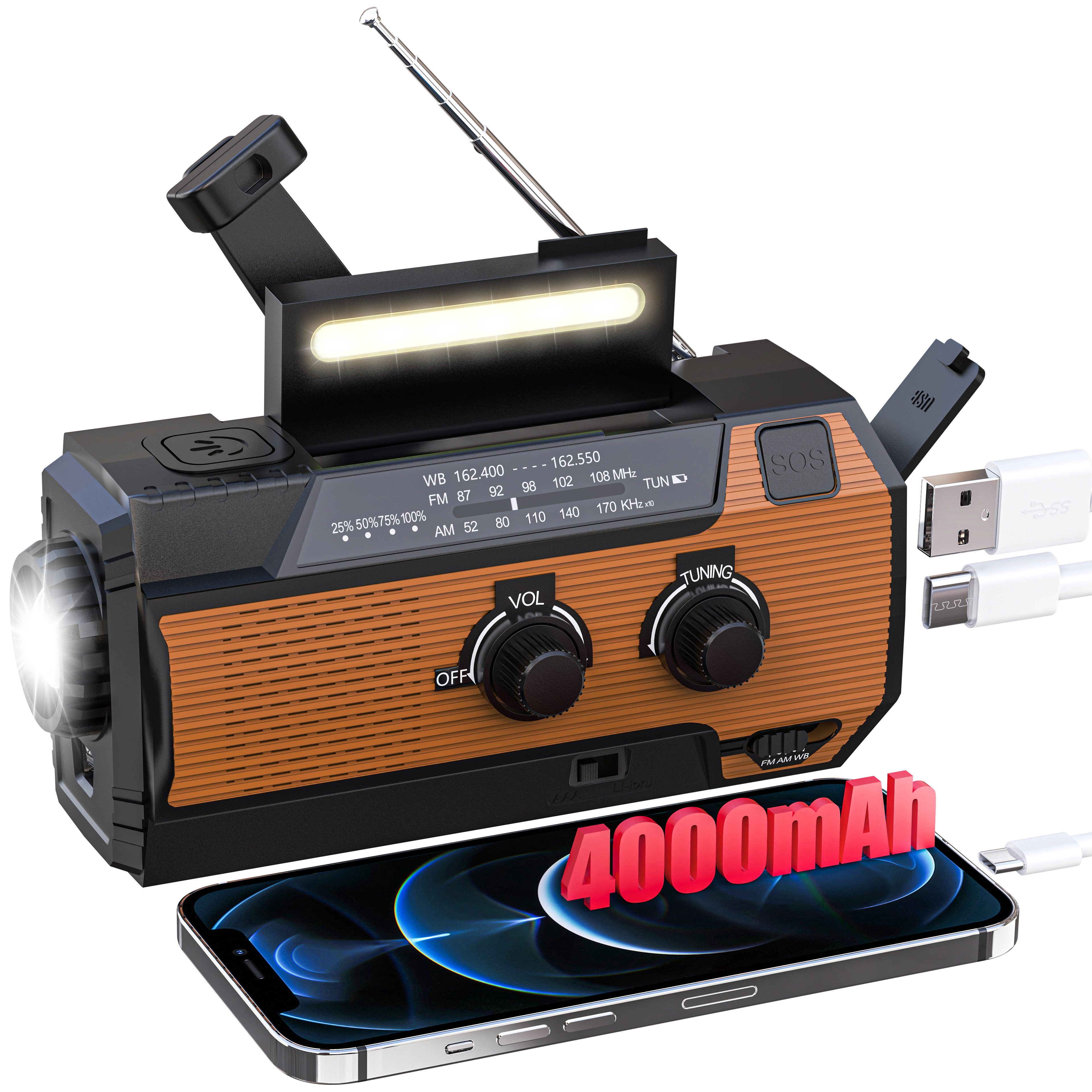 Solarbaby Notfallradio mit AM/FM Funktionen,4000mAh Akku Camping/Wandern/Outdoo Notfallradio