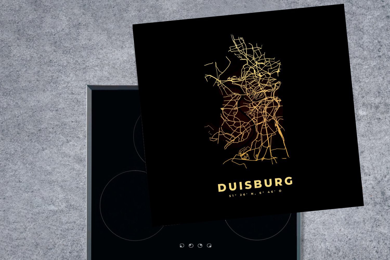 MuchoWow Herdblende-/Abdeckplatte Karte 78x78 cm, Vinyl, für Duisburg Ceranfeldabdeckung, - Stadtplan, Gold tlg), küche (1 Arbeitsplatte - 