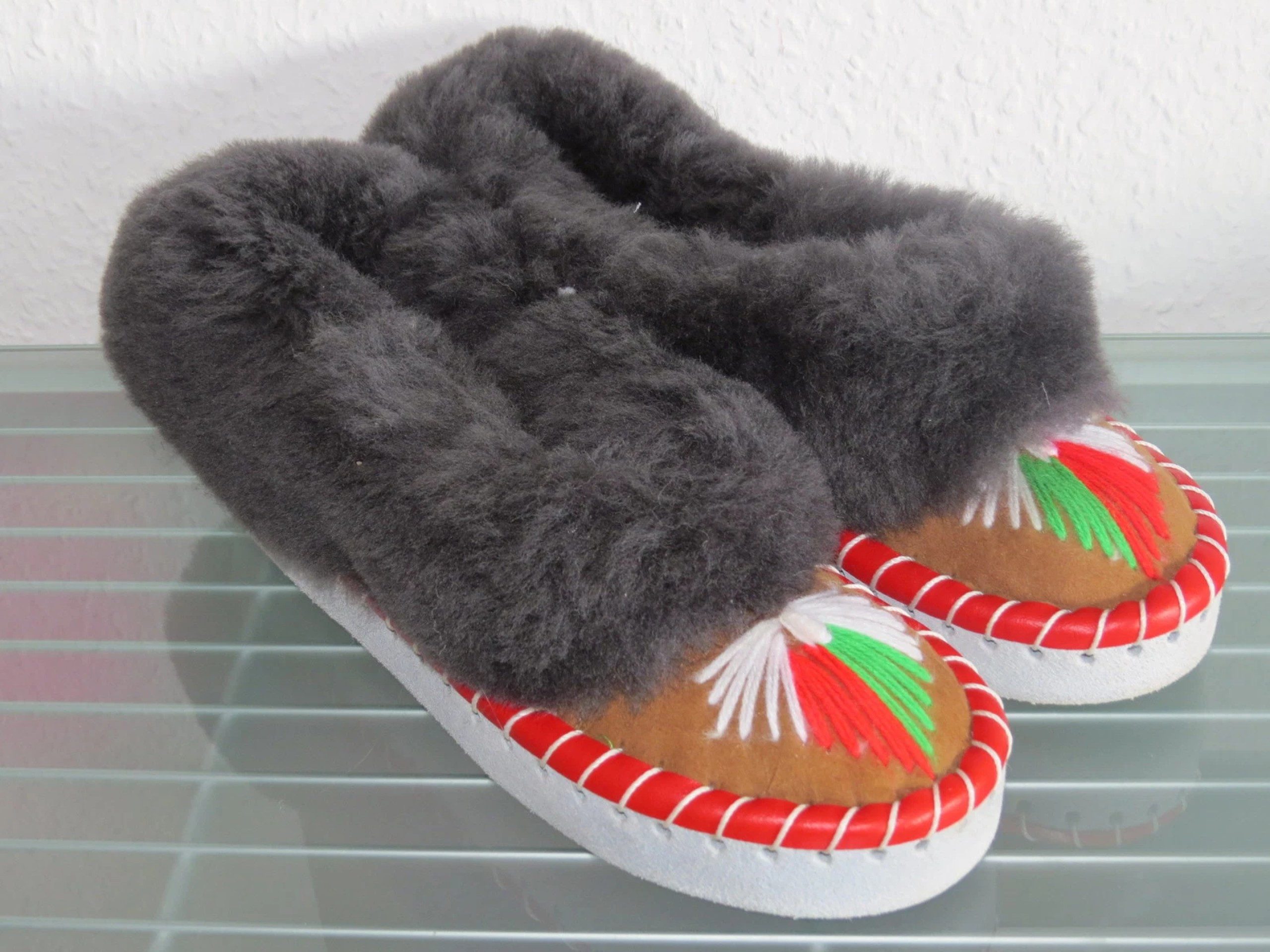 Holzprodukte Damen Hausschuhe Lammfell Pantoffeln Hüttenschuhe Ledersohle Winter Plüsch Hausschuhe