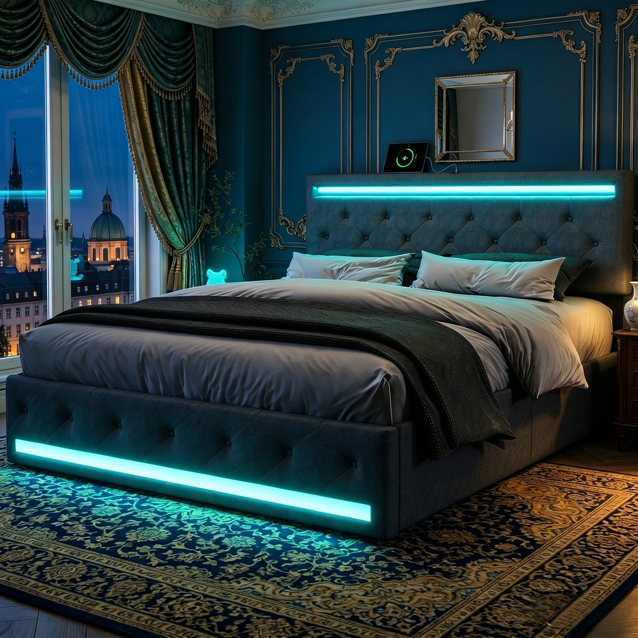 PXloue Polsterbett Modernes Polsterbett mit LED-Beleuchtung, Bettgestell mit USB-Anschluss und modernem Design 160x200 cm