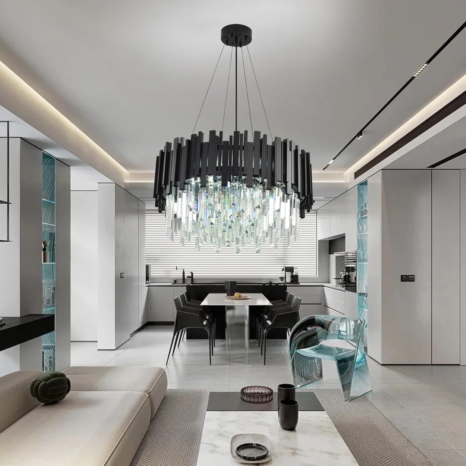 RRBEST Kronleuchter Kristall Leuchte, Kristall Deckenleuchte Silver, 9xE14 Lichter, für Esszimmer, Küche, Wohnzimmer, Schlafzimmer, Flur, Café, Bar