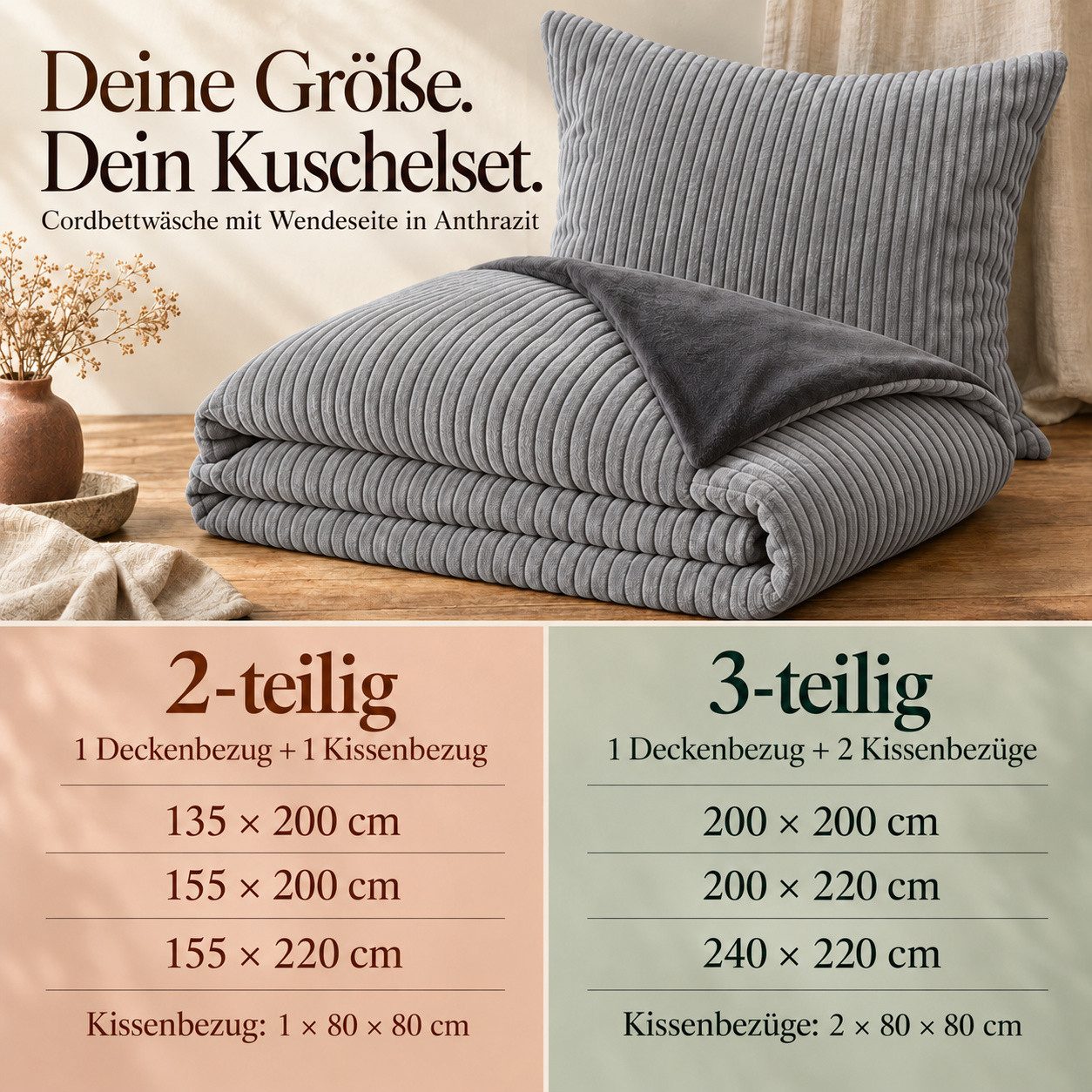 Leonado Vicenti Bettwäsche CORD Optik, Teddy Plüsch, Cashmere Touch, Fleece, 2 teilig, Winter, Wendeseite Anthrazit, flauschig, warm, Nicky-Plüsch – Bild 5 von 5