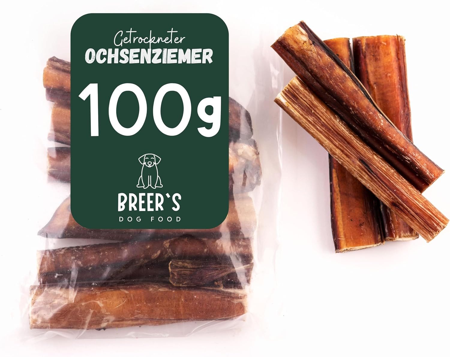 Breers Pet Food Ochsenziemer getrocknet 20 cm 100 Gramm Hundeleckerli, Einzelfuttermittel für: Hunde, Harter Kauartikel, Leckerli getreidefrei, Kausnack zuckerfrei