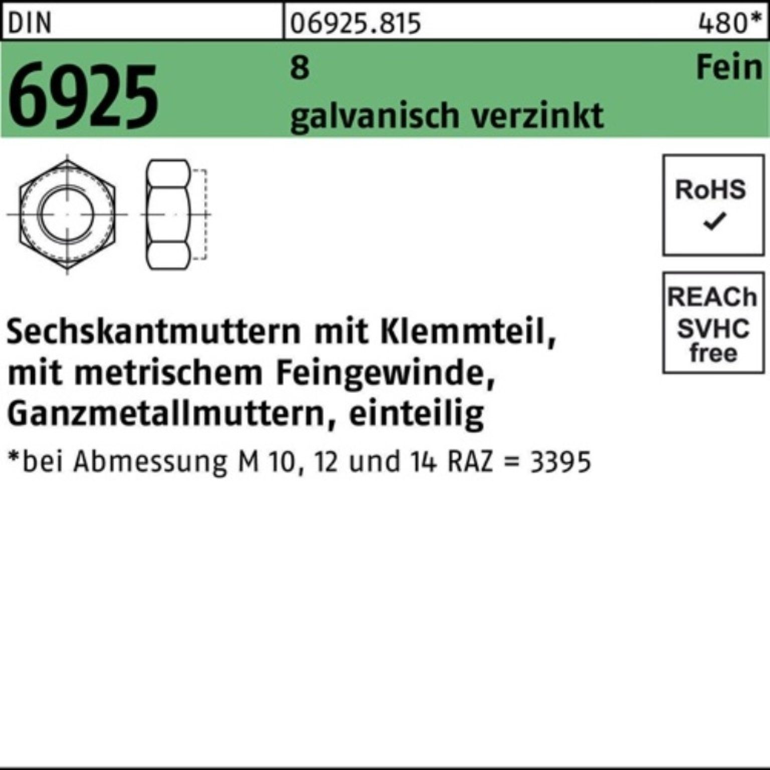 Reyher Muttern 100er Pack Sechskantmutter DIN 6925 Klemmteil M14x 1,5 8 galv.verz. 10