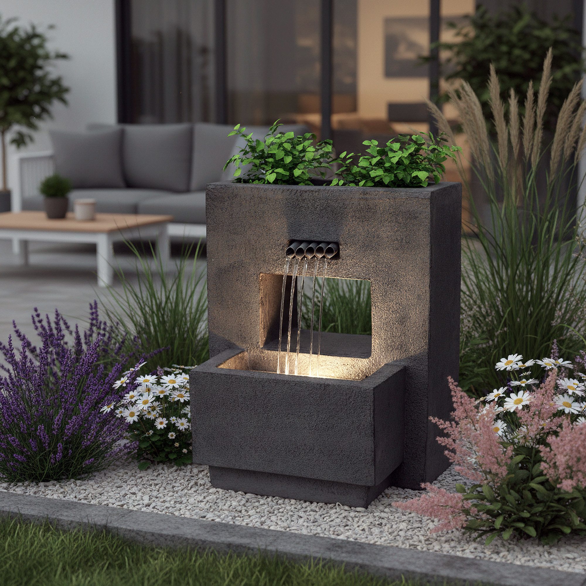 Arnusa garden fountain with LED lighting, plantable, 57x35x45 cm, complete LED set, concrete look