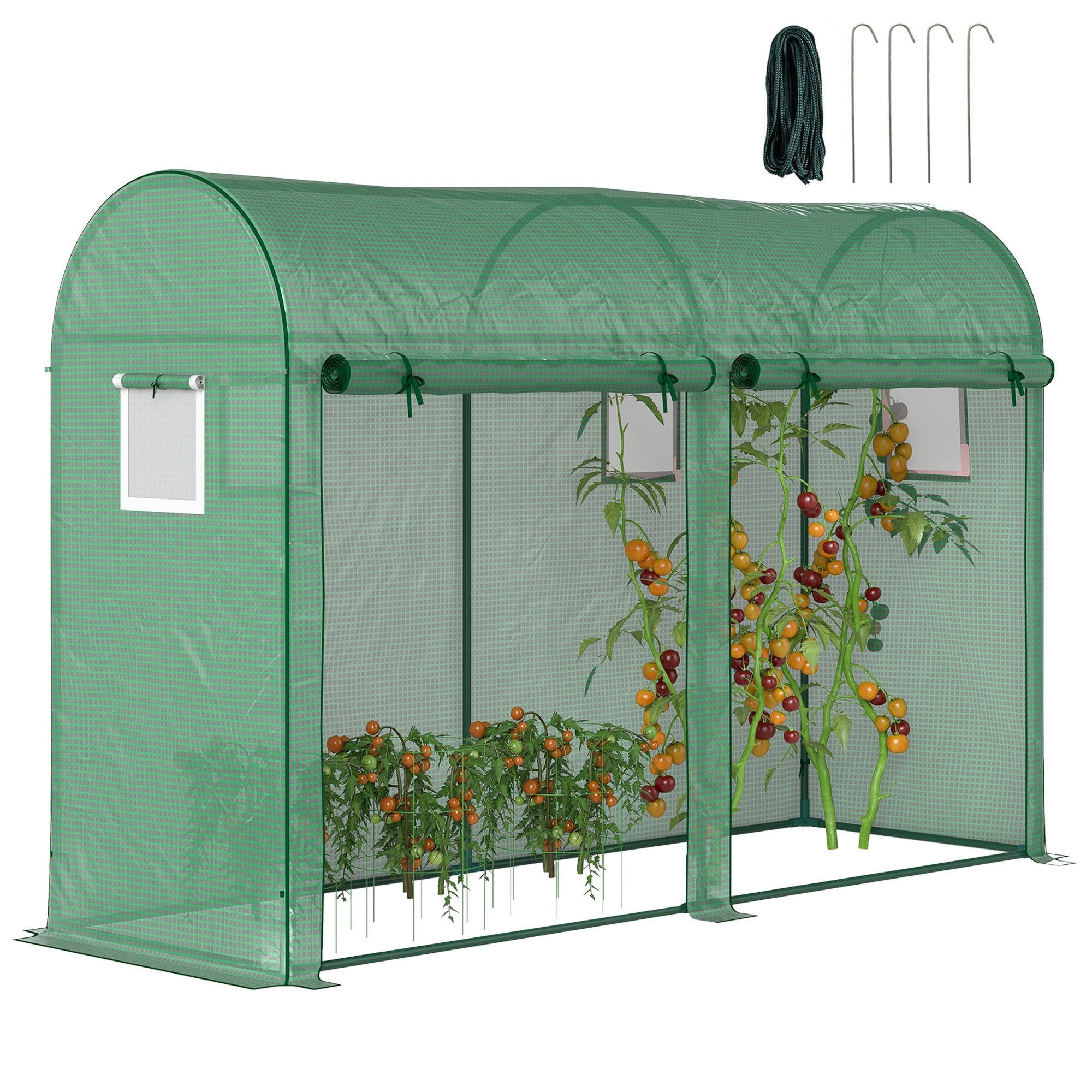 MC Star Gewächshaus 3 m² PE-Gartengewächshaus, Außengewächshaus mit verstärkter, UV-beständiger 140 g/m²-Plane, Stahlrahmen, 2 aufrollbaren Reißverschlusstüren und 4 aufrollbaren Fenstern, 3 x 1 x 2 m, Grün
